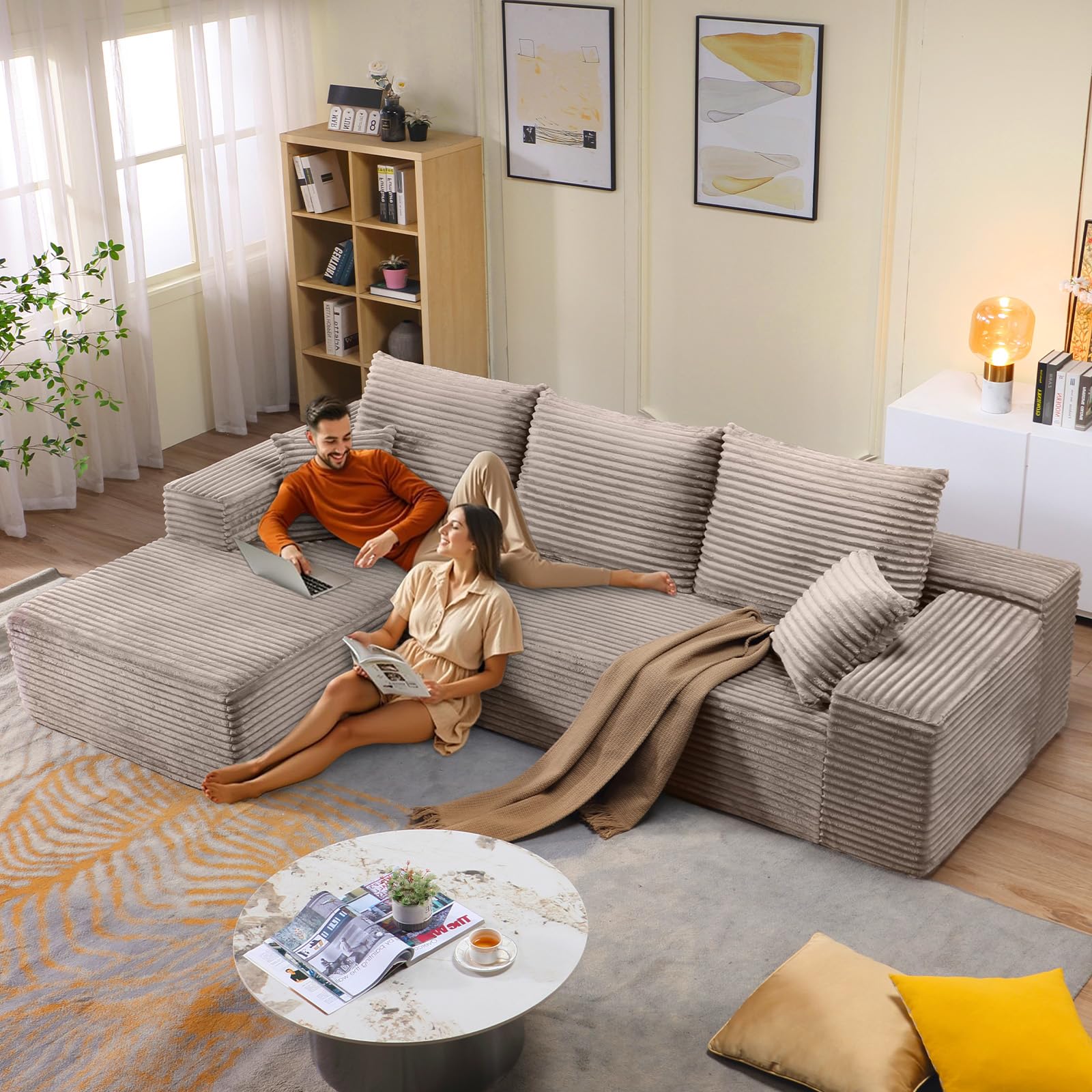 107.5" W Modular Sectional Sofa, Upholstered Corduroy Cloud Couch with Deep Seat, Modern 3-Seater L-Shaped Sofa for Living Room, No Assembly Required (Camel, Left-Facing Chaise)