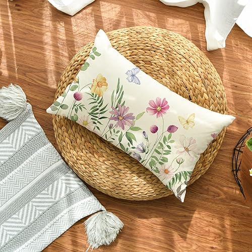 Miniatura 4 de AVOIN colorlife Funda de almohada de flores coloridas de eucalipto y mariposas, 12 x 20 pulgadas, funda de cojín de primavera para sofá