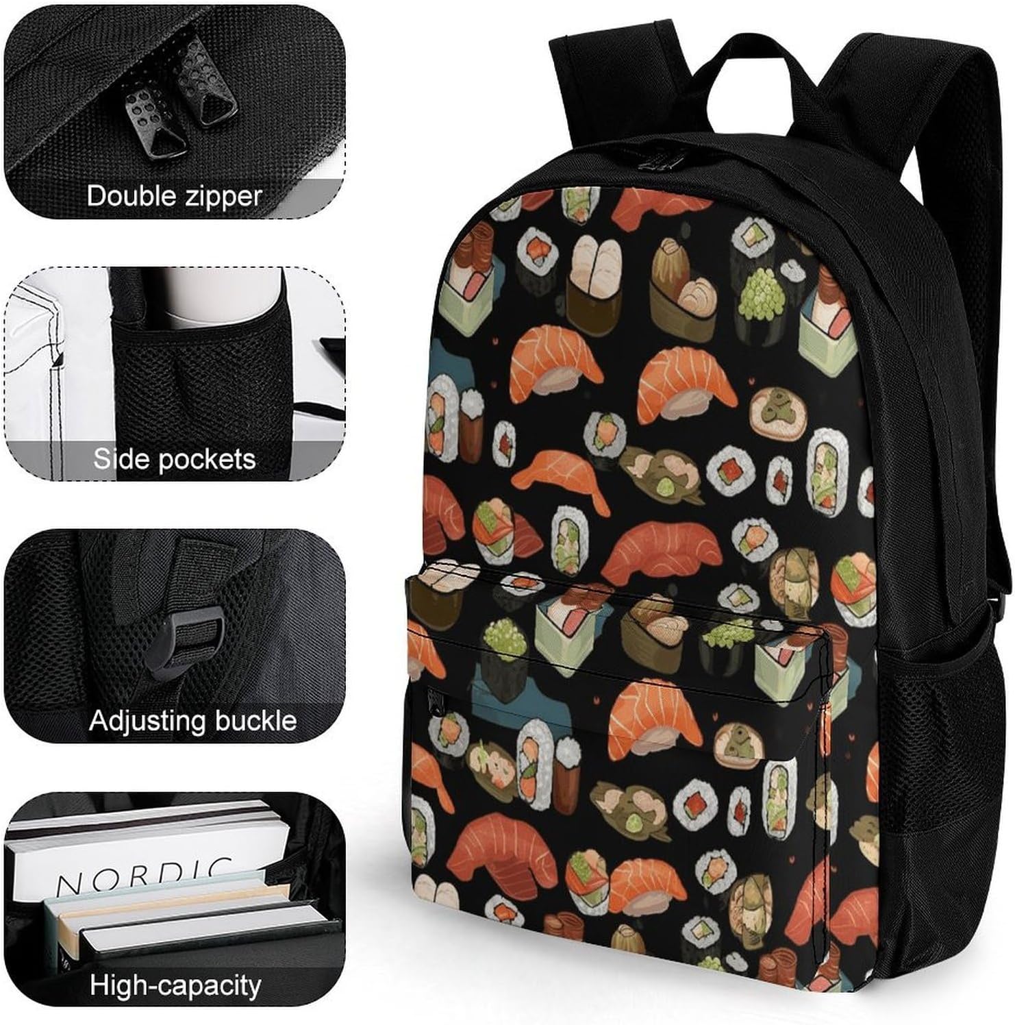 Japanese Sushi Black Backpack Daypack Travel Backpack | Lightweight Casual Laptop Backpack for Women Men Aesthetic Travel Bag for Weekender Business Hiking Outdoor