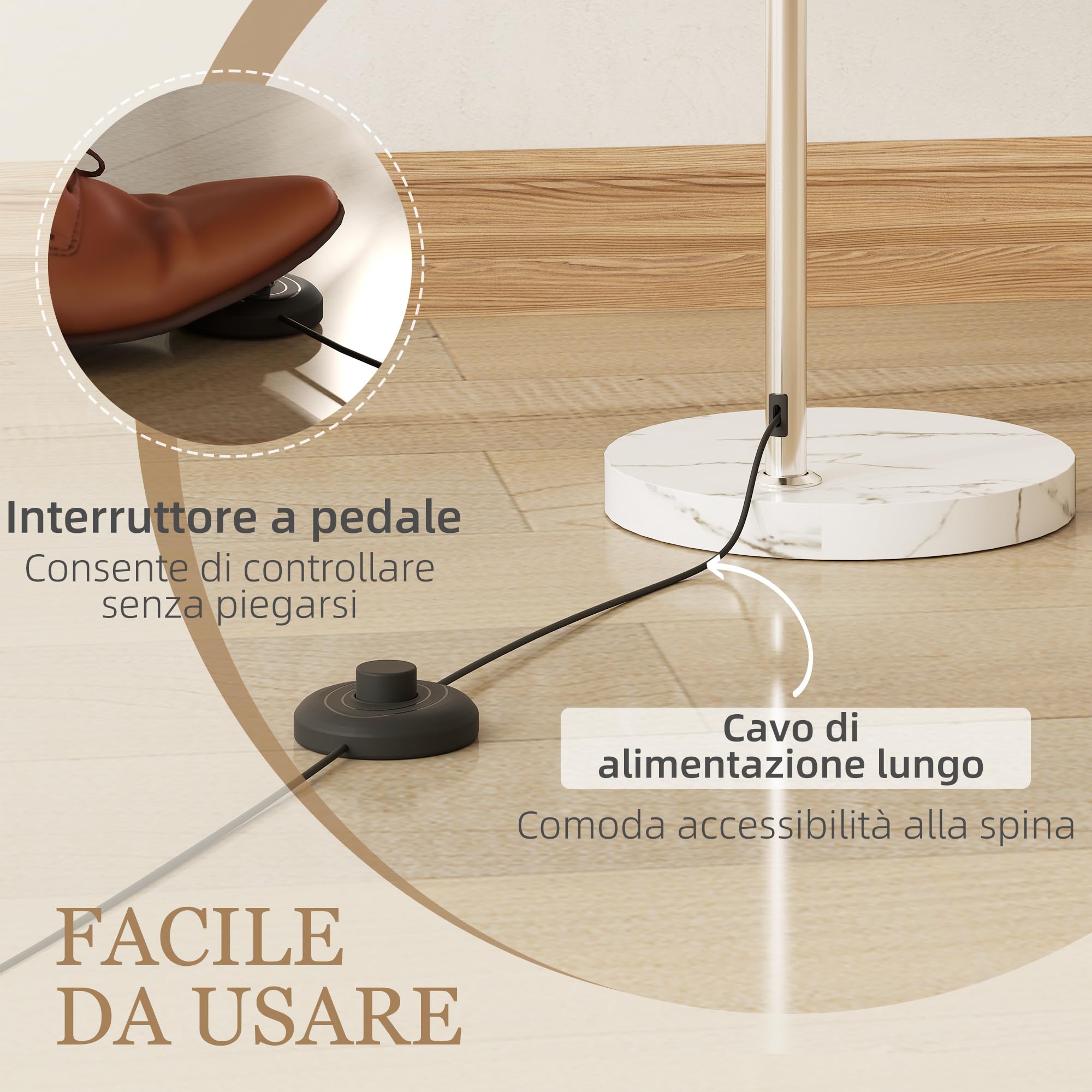 HOMCOM Lampada da Terra ad Arco Moderna 26x90x180 cm Bianco e Arancione | Interruttore a Pedale, Paralume Rotondo, Lampada da Terra Salotto, Marmo Metallo e Plastica
