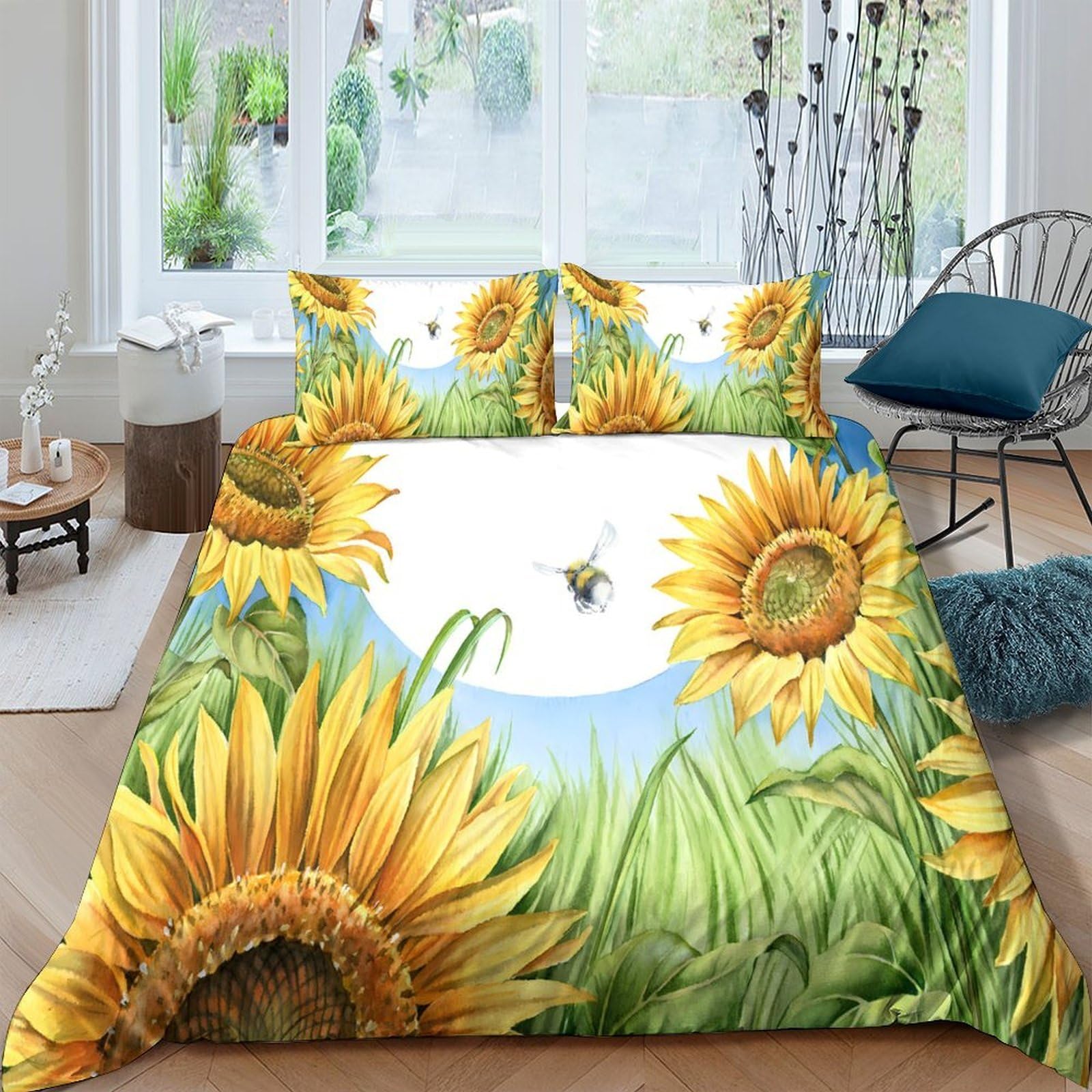 Ctjqhvkz Style-9 3D Printed Sunflower Meadow Fitted Sheet Microfiber Soft Breathable Bee Bed Cover For Bedroom Guest Room Decor Mattress Protection Single（135X200cm）