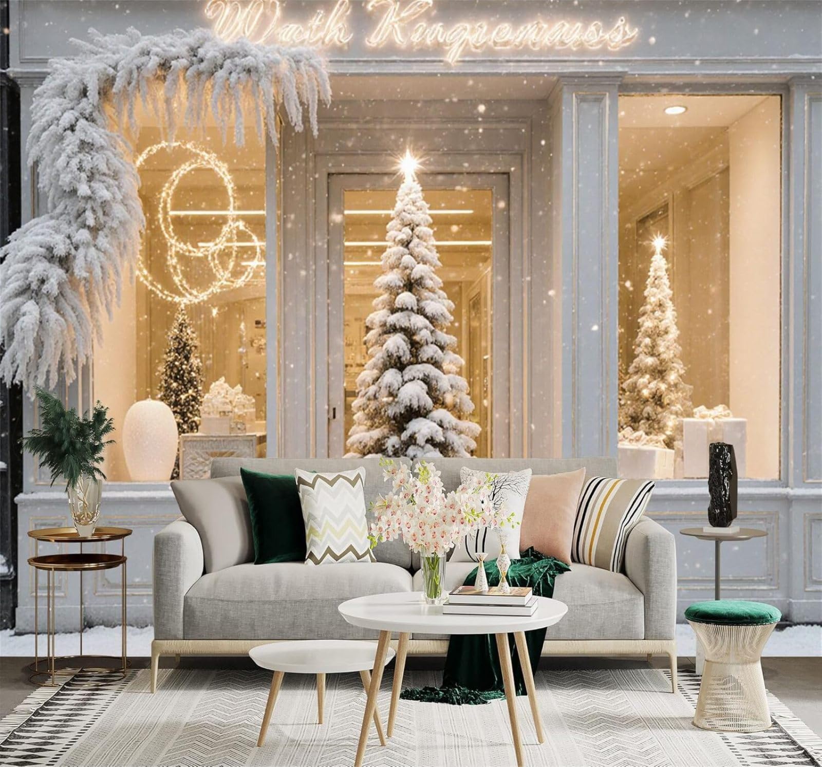 Tzxztt Winter House Window Pine Tree Snowy Landscape Modern 3D Wallpaper Premium Textured Silk Neutral Tones Material Ideal for Living Room Bedroom-150cm×105cm