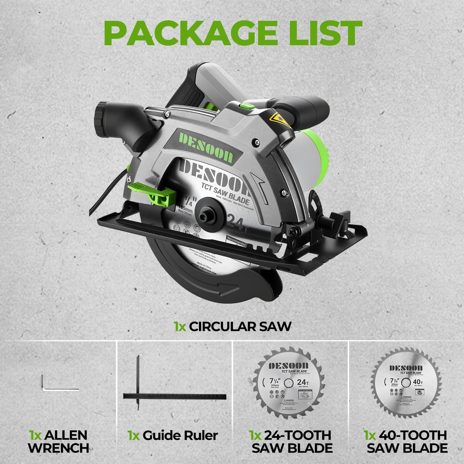 DESOON Sega Circolare da 1600 W con Guida Laser, Include Guida Parallela e 2 Lame da Seghetto (185 mm, 24T e 40T), 5500 Giri/min, Profondità di Taglio 65 mm (90°) e 43 mm (45°), per Taglio Legno