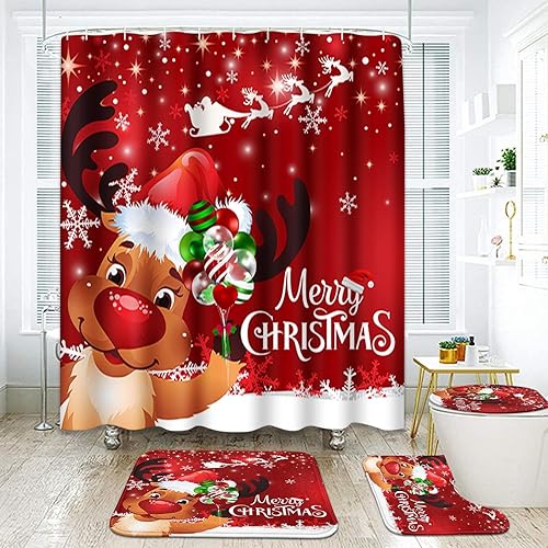 ArtSocket Juegos de baño de reno con cortina de ducha y alfombras y accesorios, juegos de cortinas de ducha de copo de nieve, cortinas de ducha de