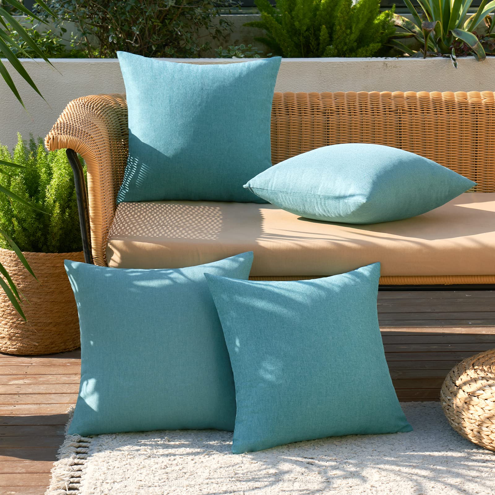 MIULEE Outdoor kussenslopen waterdichte faux linnen kussensloop vierkante decoratieve kussensloop voor tuinbank woonkamer stoel slaapkamer tent park patio 16x16 inch pak van 4 pauwblauw