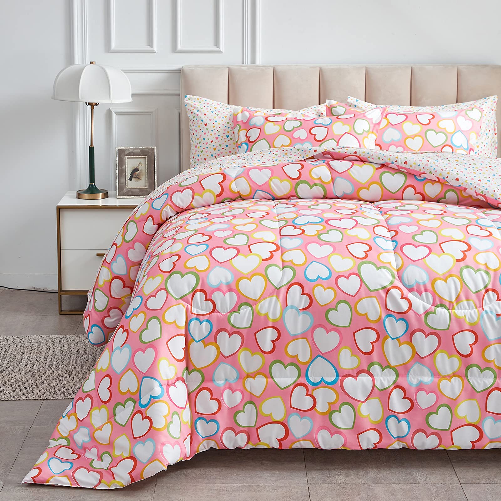 Uozzi Bedding Kids Bed in a Bag (Colorful Hearts, Twin-6pieces)