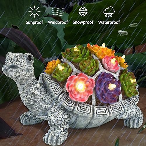 Miniatura 6 de FORUP Estatua de jardín de tortuga, figura de tortuga de resina, adornos de césped de jardín con luces LED solares para decoración de jardín al aire