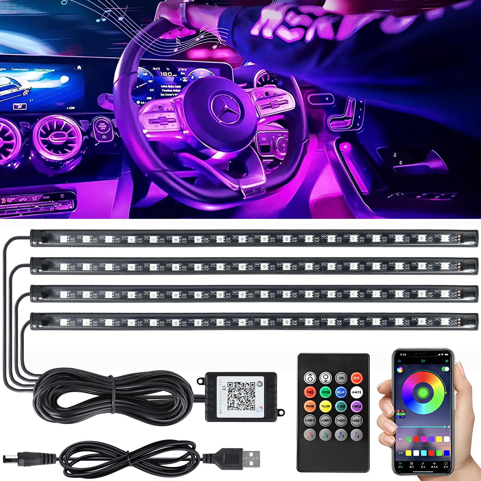 samochód LED oświetlenie wewnętrzne 4szt 72 LED paski, zapalniczka, aplikacja, pilot zdalnego sterowania