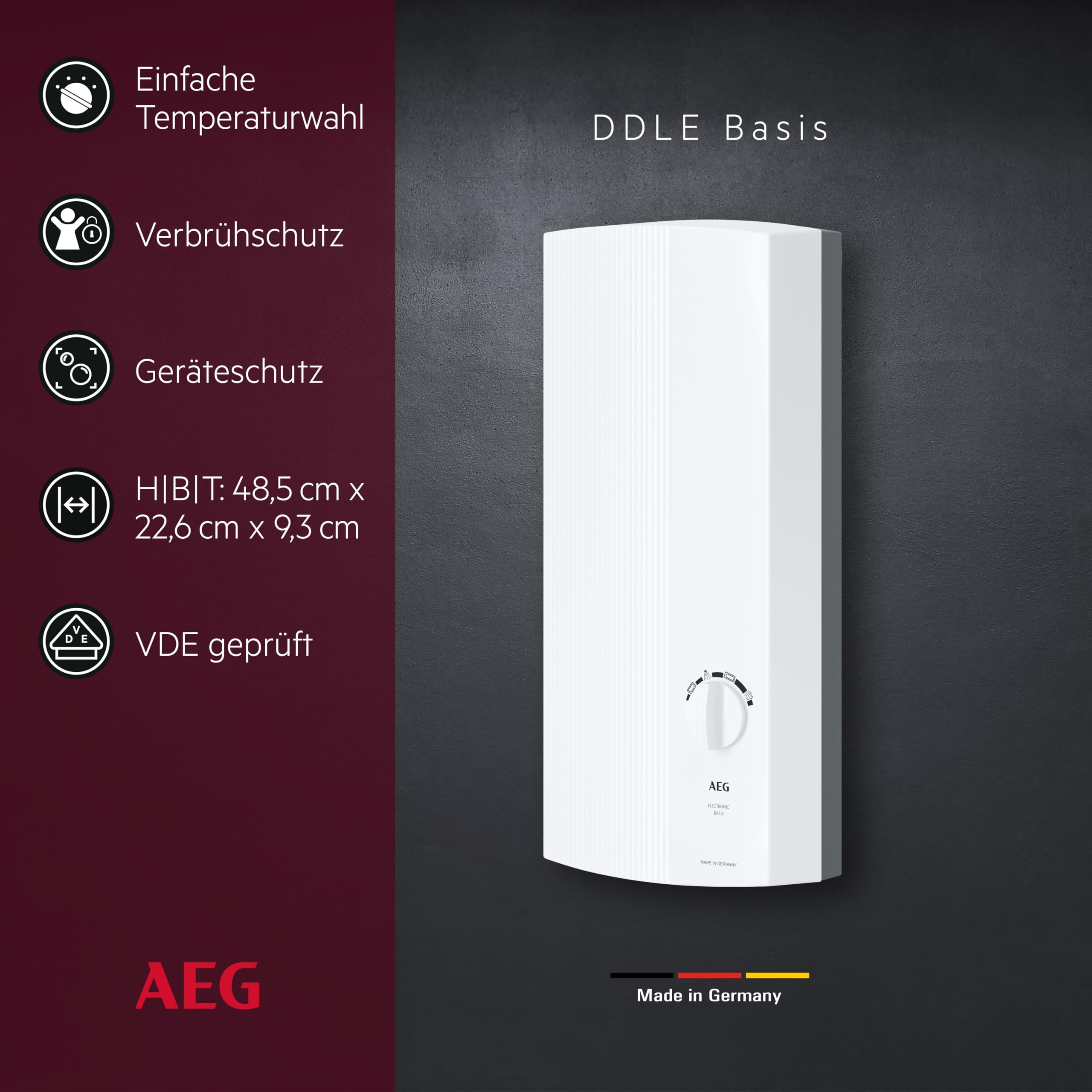 AEG elektronischer Durchlauferhitzer DDLE Basis 18/21/24 kW, umschaltbar, stufenlose Temperaturwahl durch 4 Anwendungssymbole, Festanschluss 400V, VDE geprüft, 222390