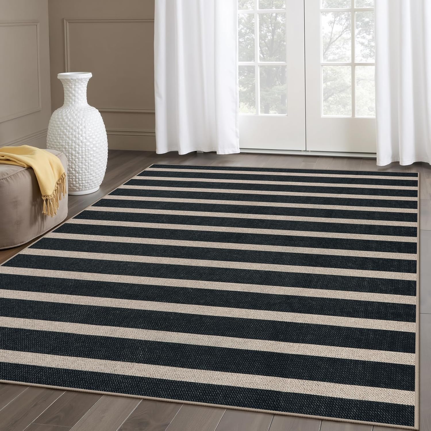 Lahome Striped Easy Jute Indoor Outdoor Rug, Washable Rugs 5x7 for Patio Living Room, Farmhouse Neutral Non Slip Non Shedding Black Carpet for Deck Entryway Dining Room Office Classroom