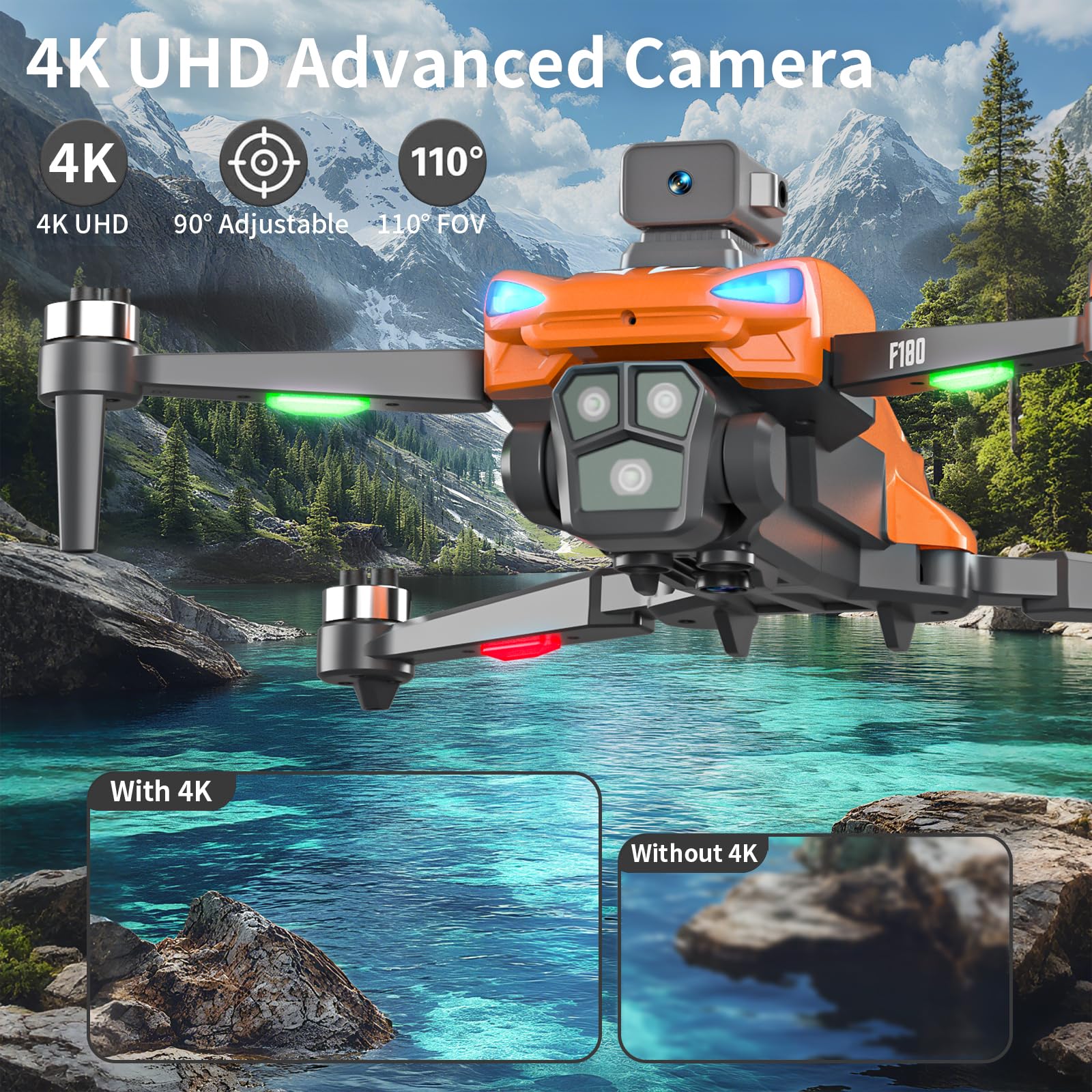 F180 GPS Drone con Camera 4K, Motore Brushless, Evitamento Ostacoli Automatico, Decollo/Atterraggio 1 Tasto, Volo Traiettoria, Posizionamento Ottico, per Adulti, Bambini e Principianti
