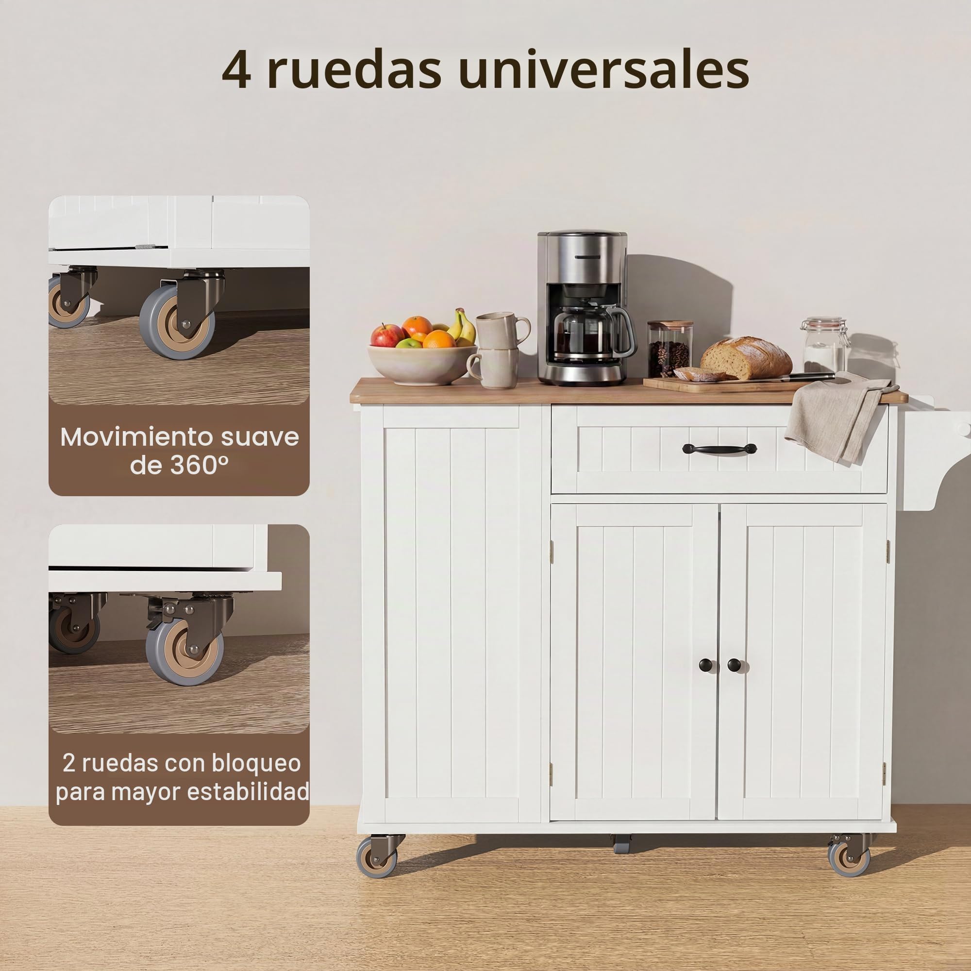 Xbro Isla Cocina con Tablero Plegable y Ruedas, Carrito de Cocina con Cajón, Armario de Basura, Portacuchillos y Toallero, Armario de Cocina, 113 x 51 x 90 cm, Blanco