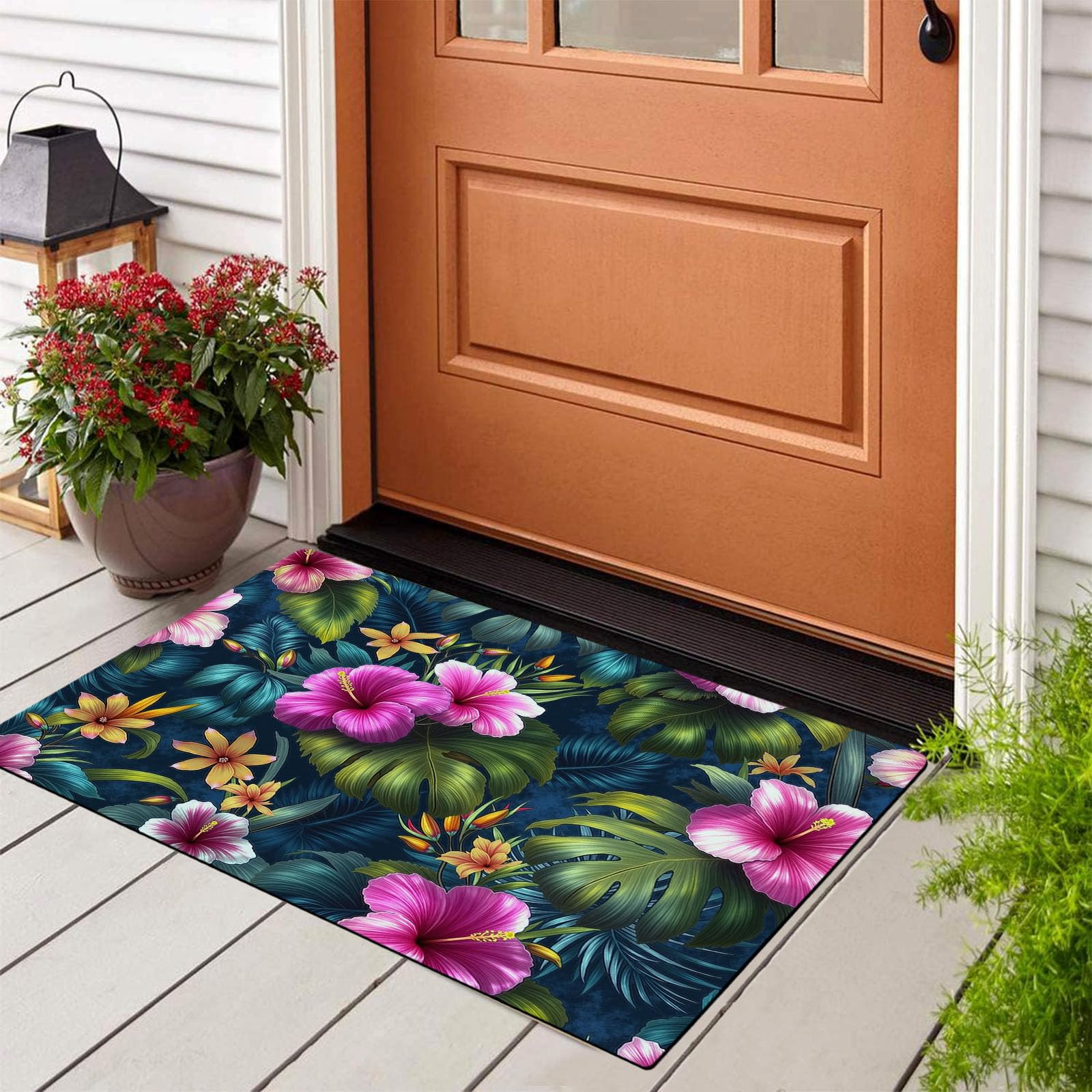 Paillasson de intérieur Antidérapant, Tapis de Tropical Charme, Tapis Salle de Bain Flanelle Douce, Absorbant l'eau, pour Cuisine (Hibiscus Plante À Feuilles, 80x120cm