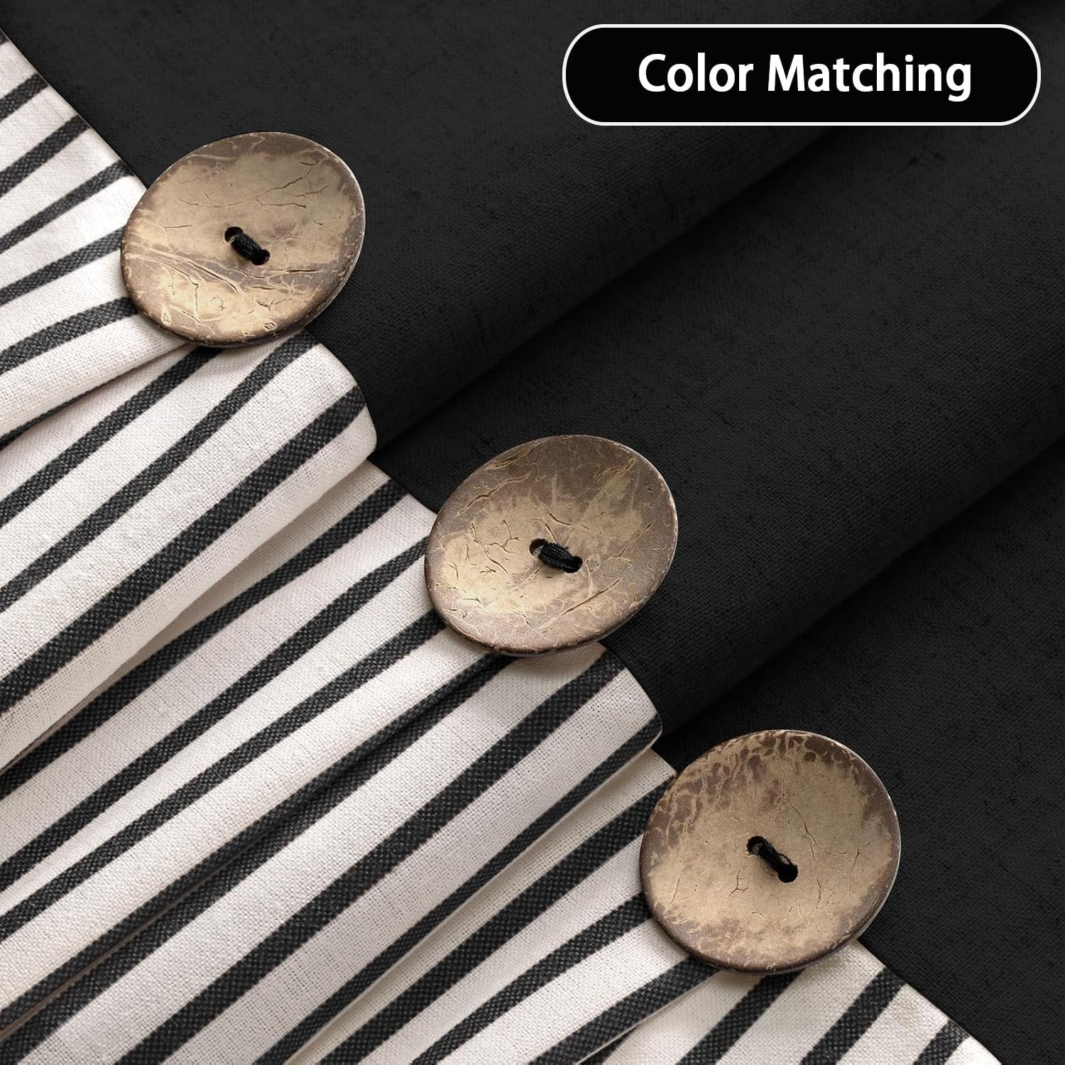 Farmhouse Shower Curtain Linen Blcak Button Woven Fabric Country Rustic Western, Pleated Black Stripe 72" W x 72" L