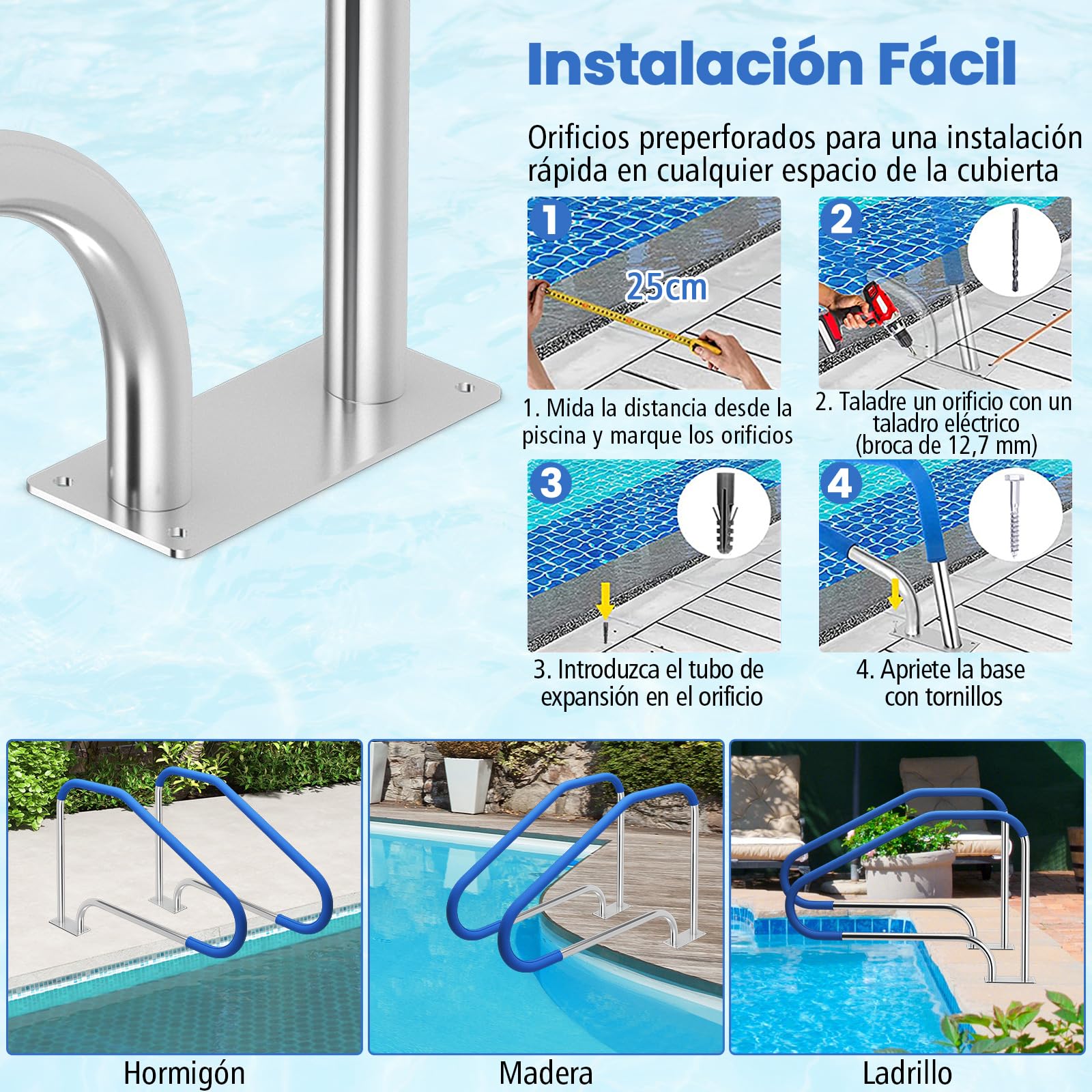 COSTWAY Barandilla Piscina de Acero Inoxidable 304, Pasamanos de Piscina de 119 x 79 cm, Carga 250 kg, con Funda Antideslizante Extraíble y Base de Instalación Rápida, para Escalera Piscinas, SPA (1)