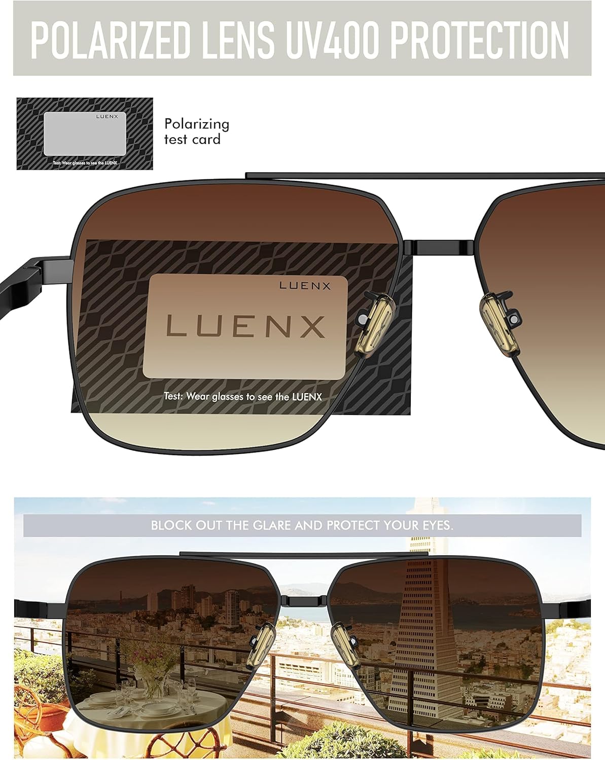 LUENX Polarized Square Aviator Sunglasses for Men,Trendy Retro Oversized Rectangular Frame UV400 Protection - Image 8