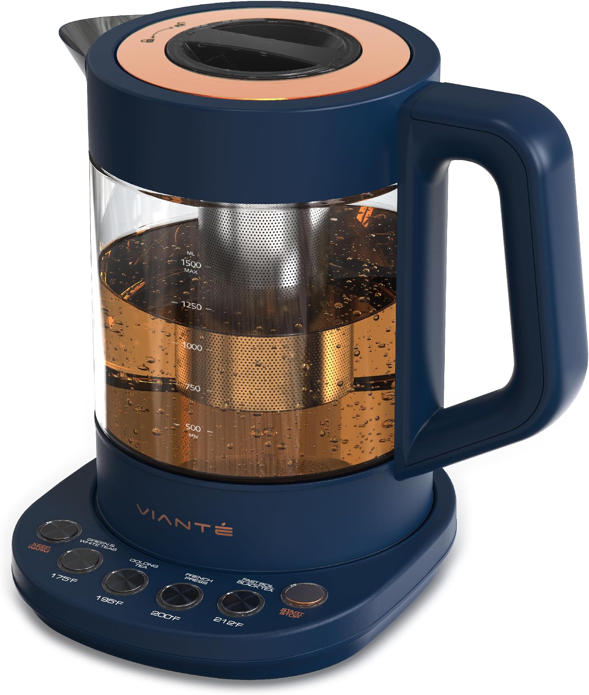 Vianté Hot Tea Maker Electric Glass Kettle with tea infuser and temperature control. Automatic Shut off. Brewing Programs for your favorite teas and Coffee. 1.5 Liters capacity. | Midnight Blue Color