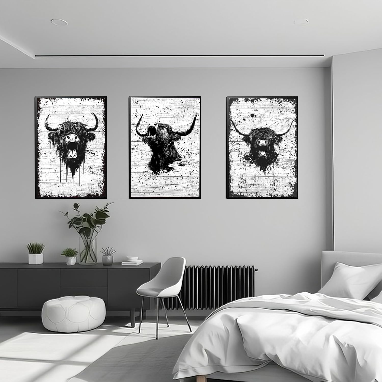 Toew Roar Highland Cow Wall Art 3pc Set, Funny living Wall Decor, Modern Farmhouse Canvas Art for Living Room, Bedroom, Bookshelf, Bathroom Decor & Accessories, Highland Cow Gifts 、