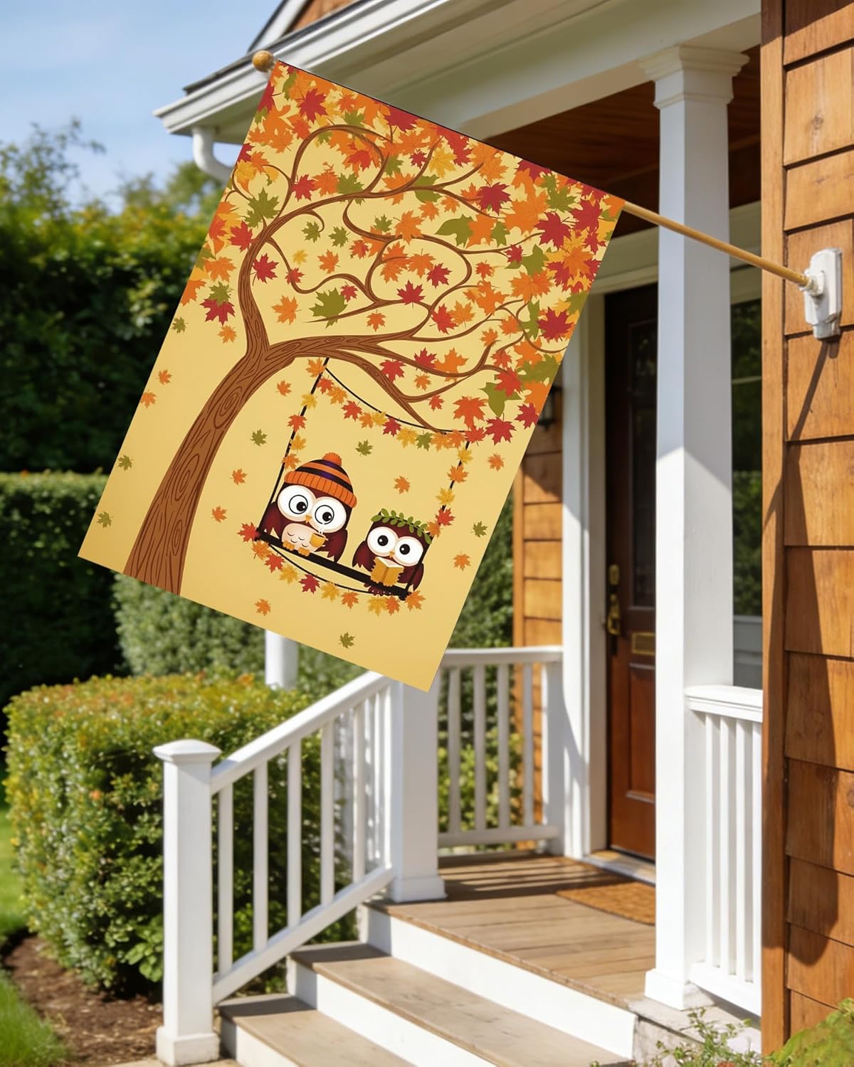 Lovely Cute Owl Tree House Flag 28" x 40" Double Sided, Polyester Yellow Funny Thanksgiving Welcome Yard Garden Flag Banners for Patio Lawn Home Outdoor Decor