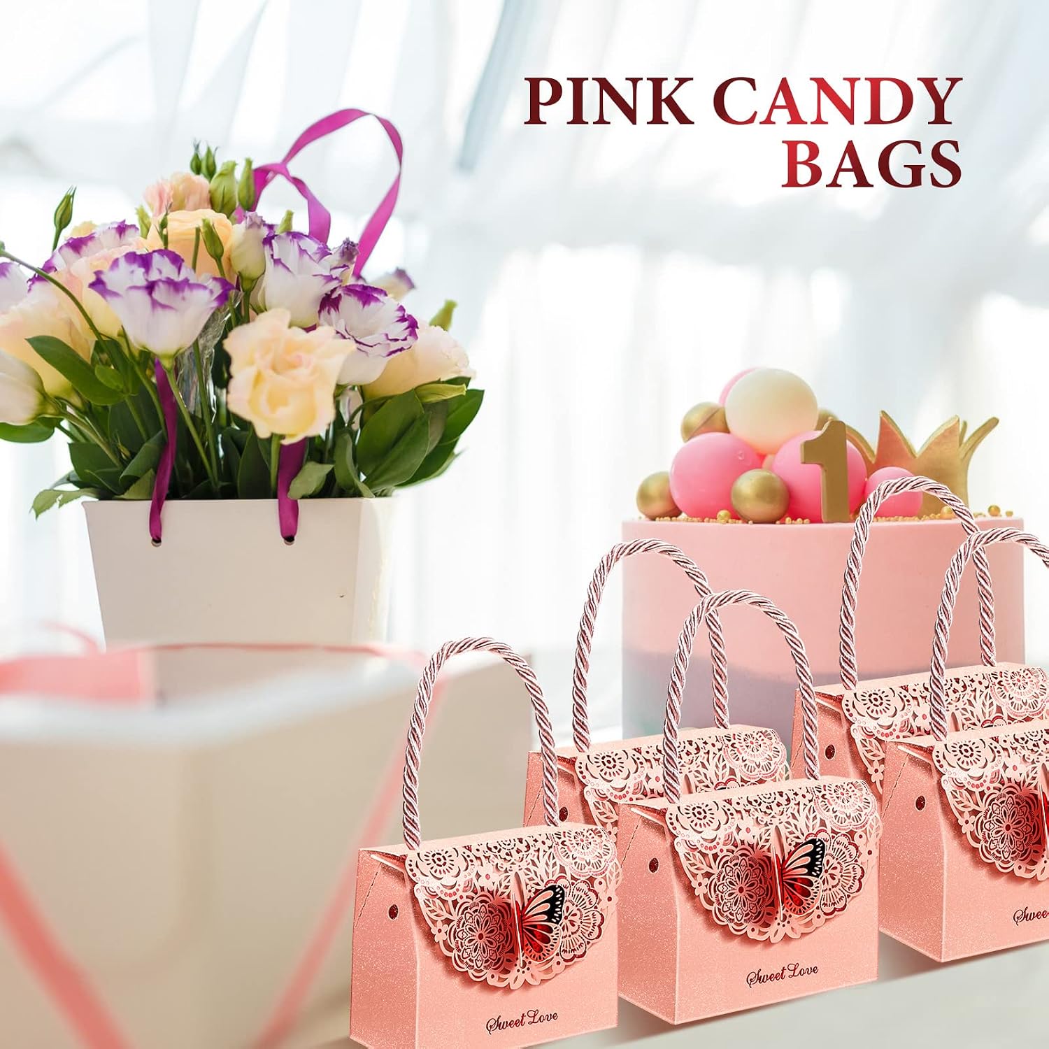 Outus 50 Pcs Butterflies Purse Party Favor Bags Favor Boxes Butterfly Goodie Bags Candy Party Treat Boxes for Wedding, Birthday, Bridal Shower Gift Supplies(Pink) image 5