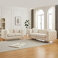 KEIKI Beige Velvet Chesterfield 2-Piece Sofa Set: 3-Seater + Loveseat, Mid-Century Tufted 5-Seat Couch with 4 Pillows & High-Density Foam