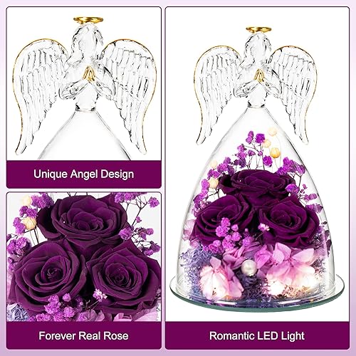 Miniatura 5 de Regalos para ella, figura de ángel de cristal con tres rosas, regalos de rosas reales preservadas para siempre, para mujeres, ángel guardián