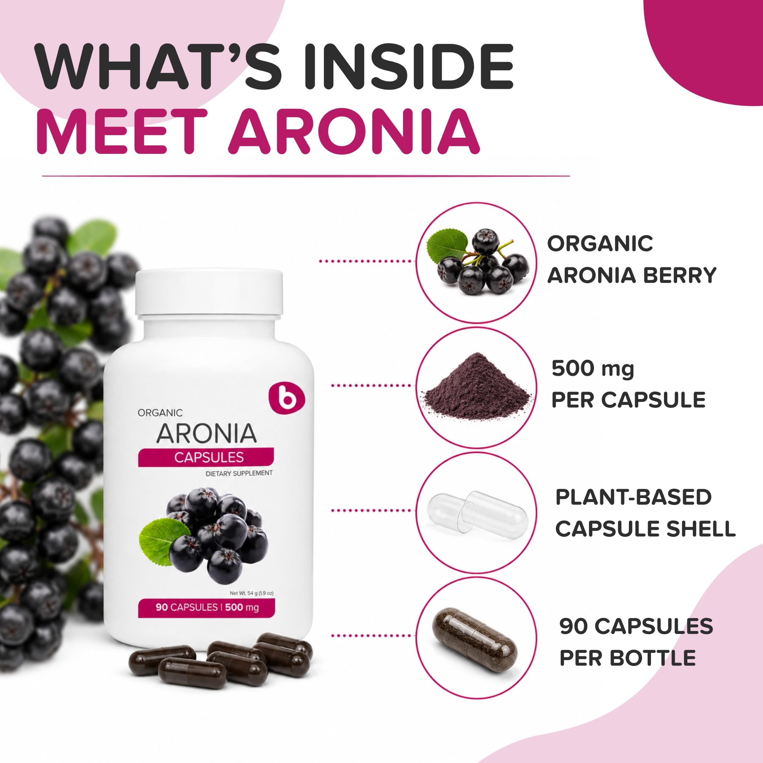 Organic Aronia Berry Capsules – Black Chokeberry Supplement with Natural Anthocyanins & Polyphenols – Supports Immune System – from Aronia Berries Powder – Non-GMO – 500mg, 90 Vegan Capsules — Amazon image 3