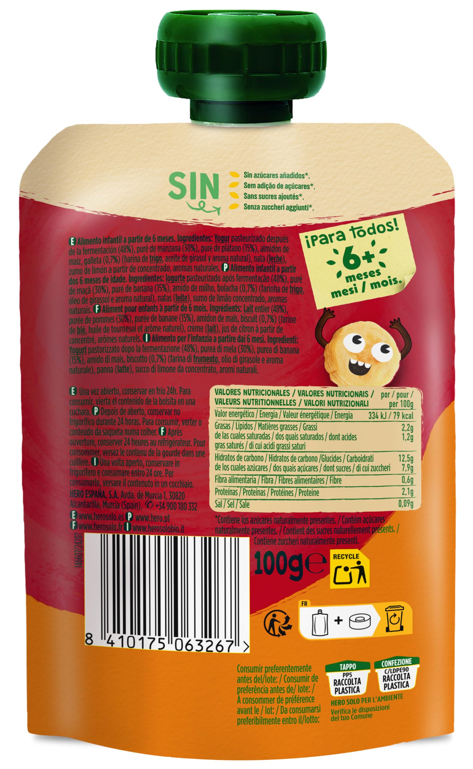 Hero Baby Mi Merienda Bolsitas de Yogurín Griego con Zumos de Fruta y Cookies - Para Bebés a Partir de los 12 Meses - 100 g