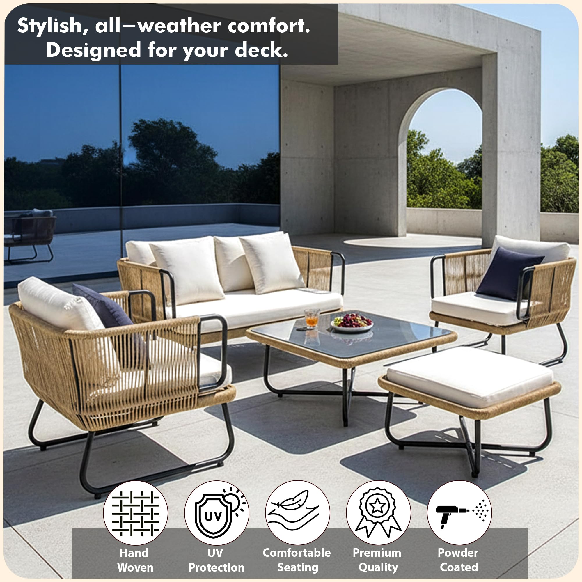 Mymigos Outdoor Rope Sofa Set | Balcony Sofa | Patio Conversation Sets | Braided Rope Garden Sofa Set and Table (5 Seater- Beige & White) 2