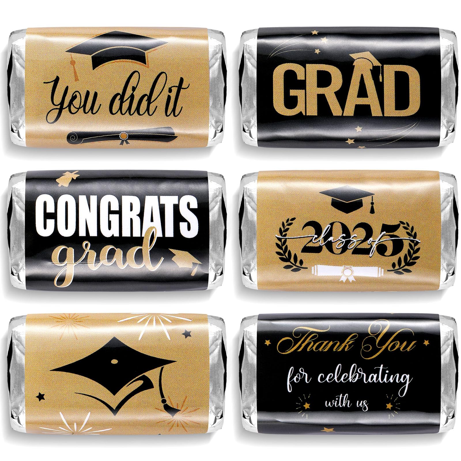 120 Pcs 2025 Graduation Candy Bar Wrappers Mini Graduation Party Candy Favor of 2025 Graduation Themed(Black, Gold)