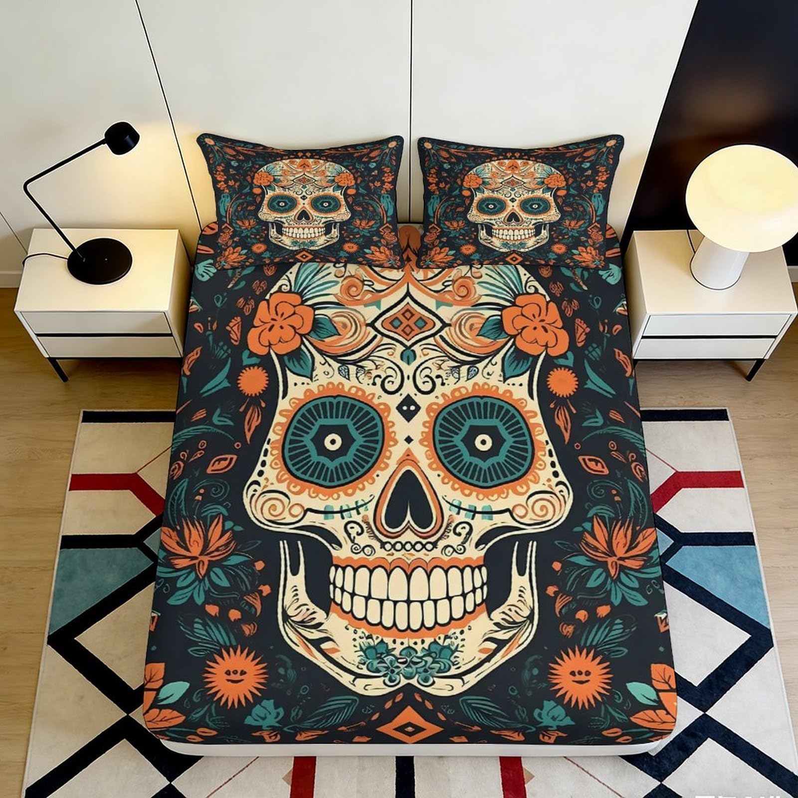 3D Printed Sugar Skull Fitted Sheet Microfiber Soft Breathable Floral Skeleton Mattress Cover for Bedroom Guestroom Decor 90x200x25cm