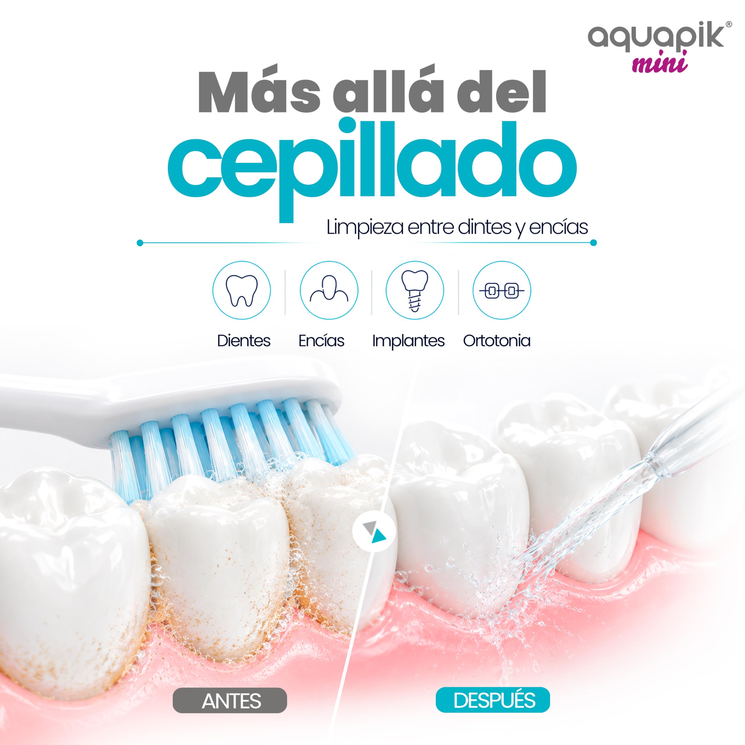 Aquapik® Mini Irrigador dental portátil 200 ml con tanque telescópico recargable USB tipo C, 3 modos de presión impermeable IPX8, fácil de llevar ideal para viajes y oficina, limpieza dental profunda.