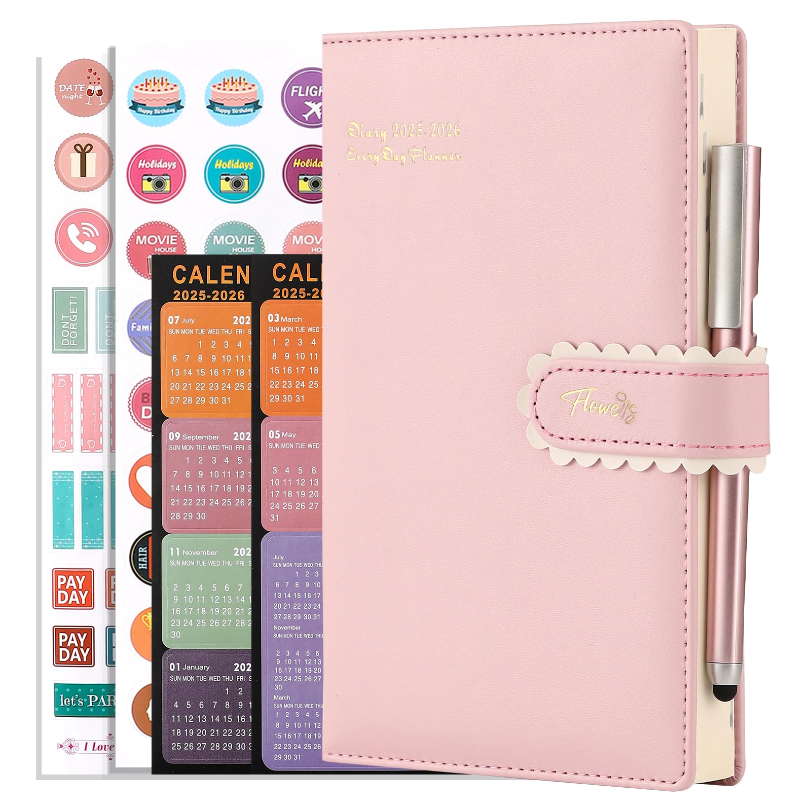 Diary 2025-2026 A5 Day per Page, Productivity Daily Planner From July 2025 to June 2026, Agenda Organizer Monthly Planner with Monthly Tabs,Stickers,Pen,Back Pocket