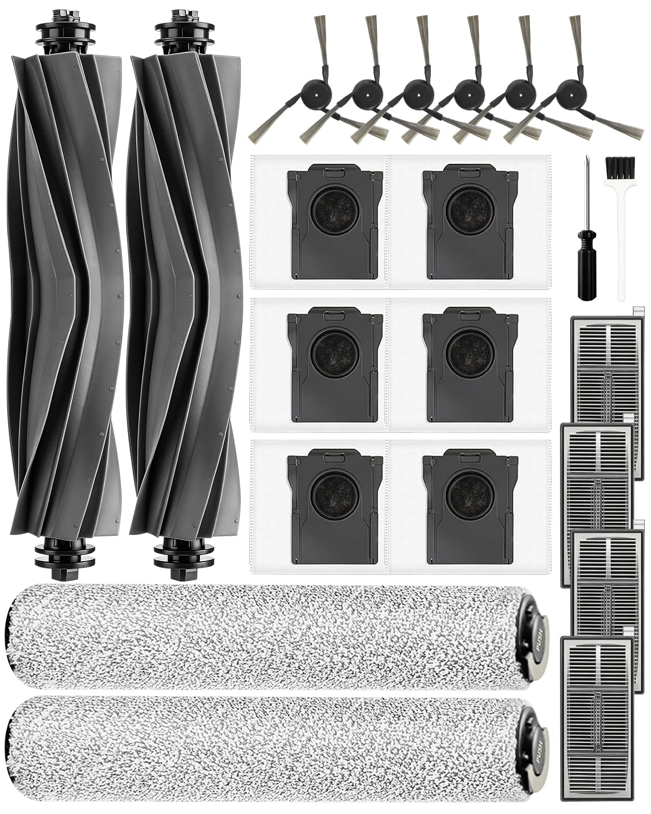 Yivy Mova S70 Roller Accessori, set di accessori: 2 spazzole tergicristalli, 2 spazzole principali, 6 sacchetti per la polvere, 6 spazzole laterali, 4 filtri HEPA, 1 cacciavite