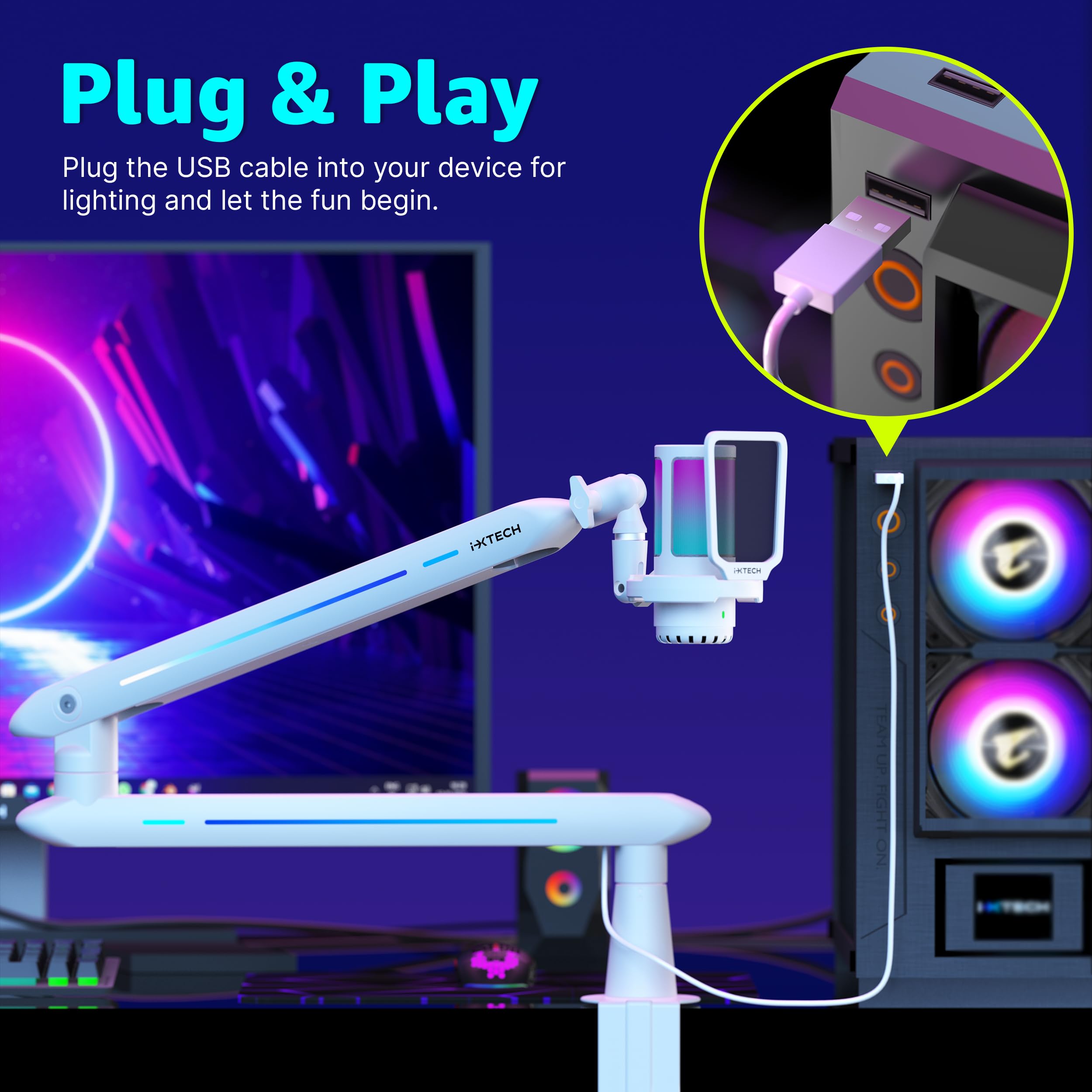 IXTECH RGB Low Profile Boom Arm for Mic, Adjustable Microphone Arm Stand with Desk Mount Clamp, Rotatable Microphone Boom Arm Mic Stand with Cable Management for Podcast Streaming Gaming Studio.: 5 LIZARD RGB