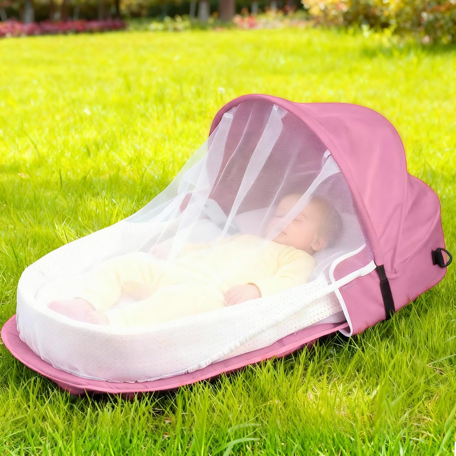 Baby Nest,Baby Bettchen Nest, atmungsaktiver Babylounger,Portable Baby Reisebett mit Moskitohaube – Inklusive Matratze & Tragetasche – Leicht & Kompakt (Rosa)