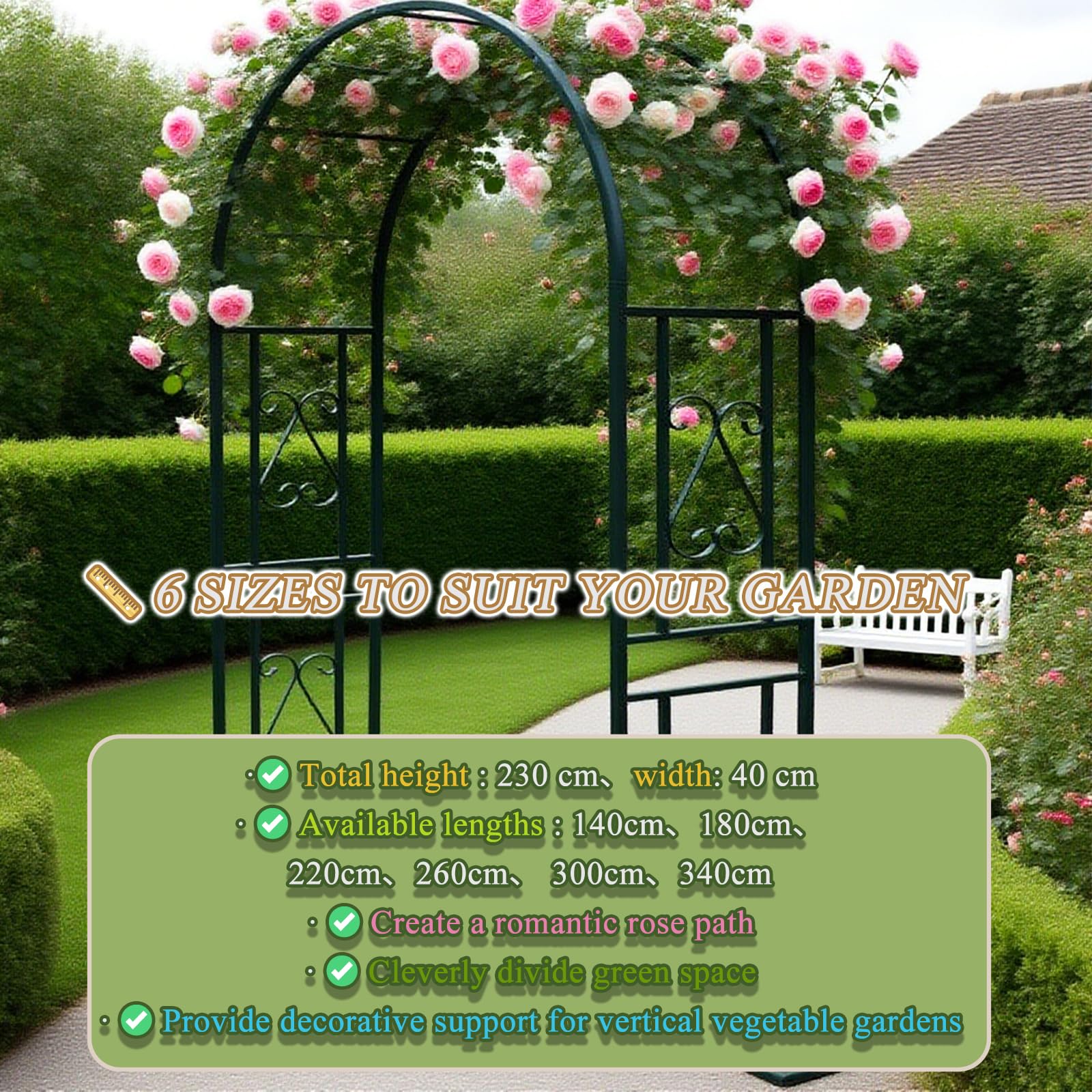 Heavy Du Metal - Arco per rose in acciaio inossidabile, per piante rampicanti e viti, resistente alle intemperie, da giardino, facile da montare, colore: bianco (220 x 40 x 230 cm)
