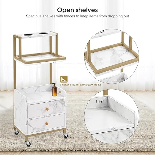 Miniatura 4 de BarberPub Carrito de salón con ruedas, carrito de peluquero con cajones, tablero de mármol para salón de belleza, marco de metal, portaherramientas