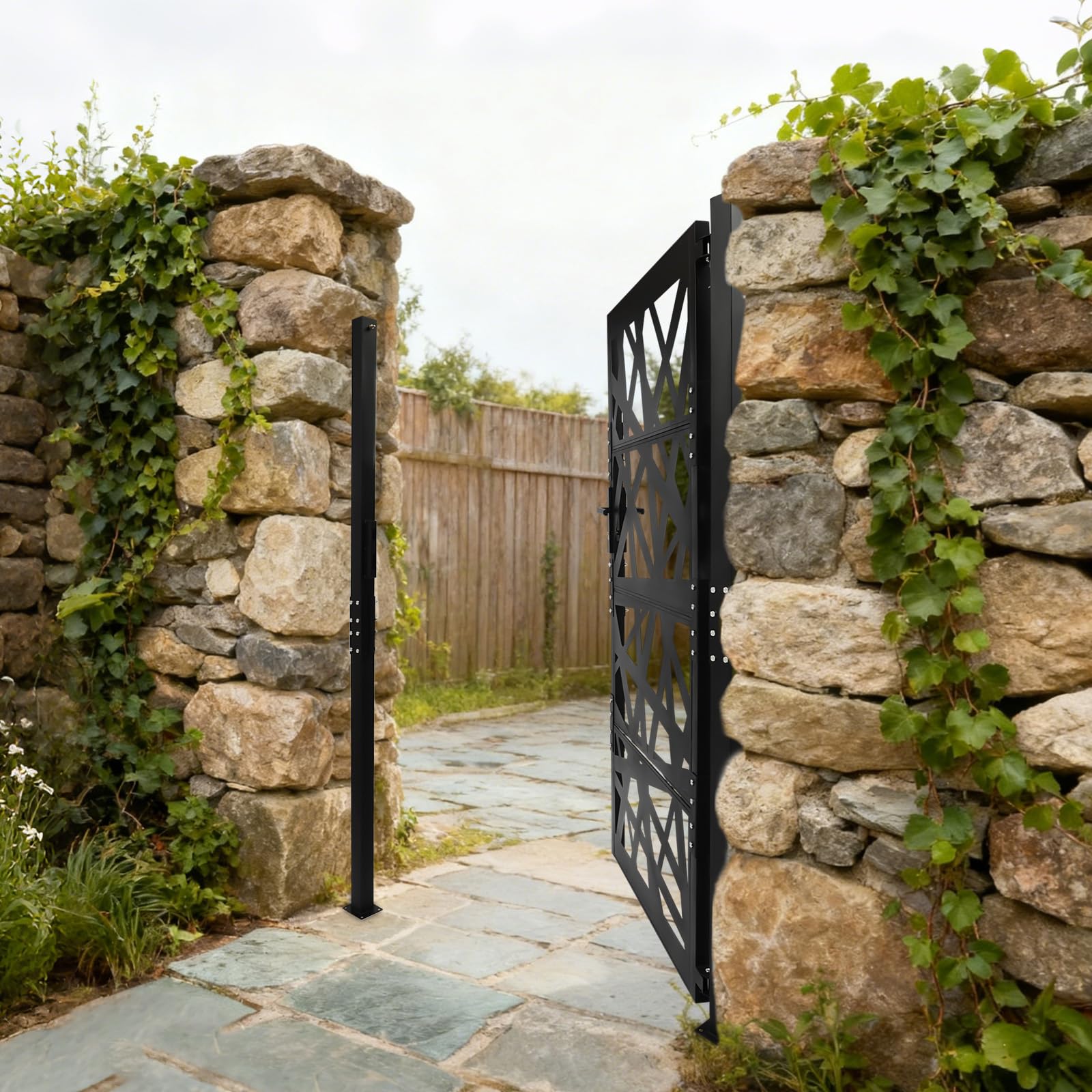 Puerta de jardín de acero negro con recubrimiento en polvo, resistente a la intemperie y a la corrosión, puerta de seguridad con cierre para jardín, entrada y patio