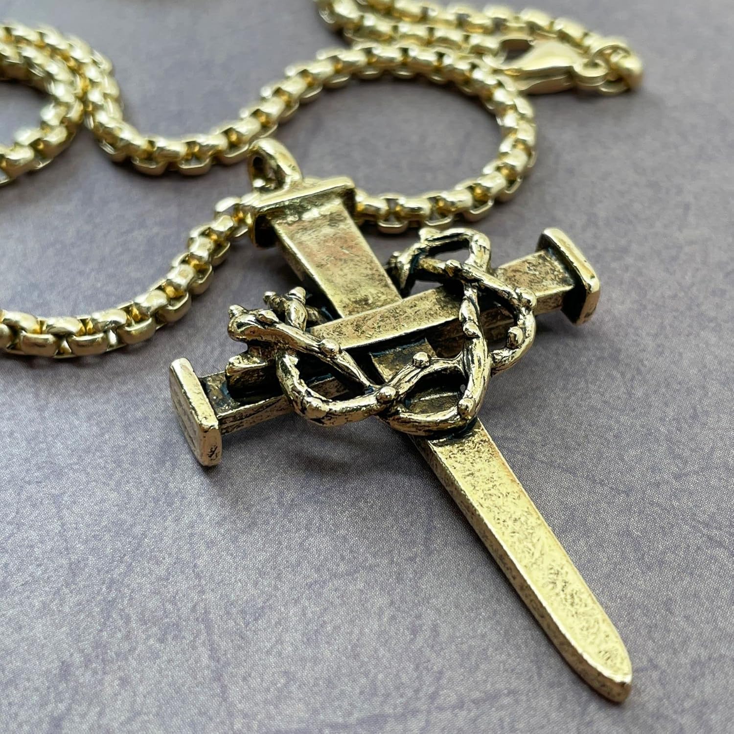 FORGIVEN JEWELRY Nail Cross Crown of Thorns Large Mens Pewter Gold Metal Finish Pendant Heavy Box Chain Necklace