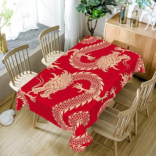 Miniatura 5 de TTQYFNM Mantel rectangular de dragón de 70 x 90 pulgadas, tradicional mascota voladora de animales, dragones chinos, rojo dorado, mantel impermeable