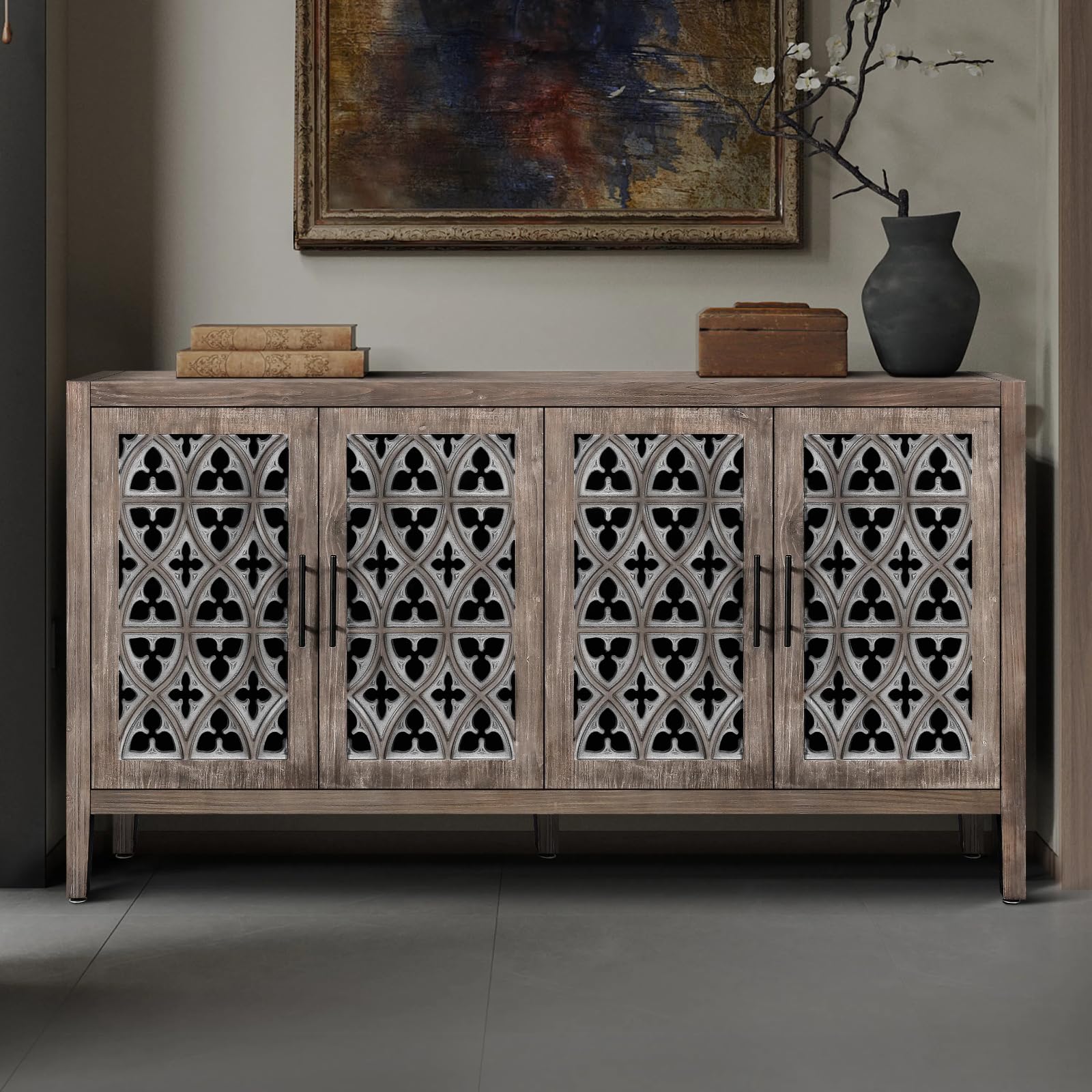 Buffet Sideboard Credenza, 60" Sideboards Kitchen Cabinet with Storage Wood Entryway Table for Living Room, Adjustable Shelves, Antique Brown