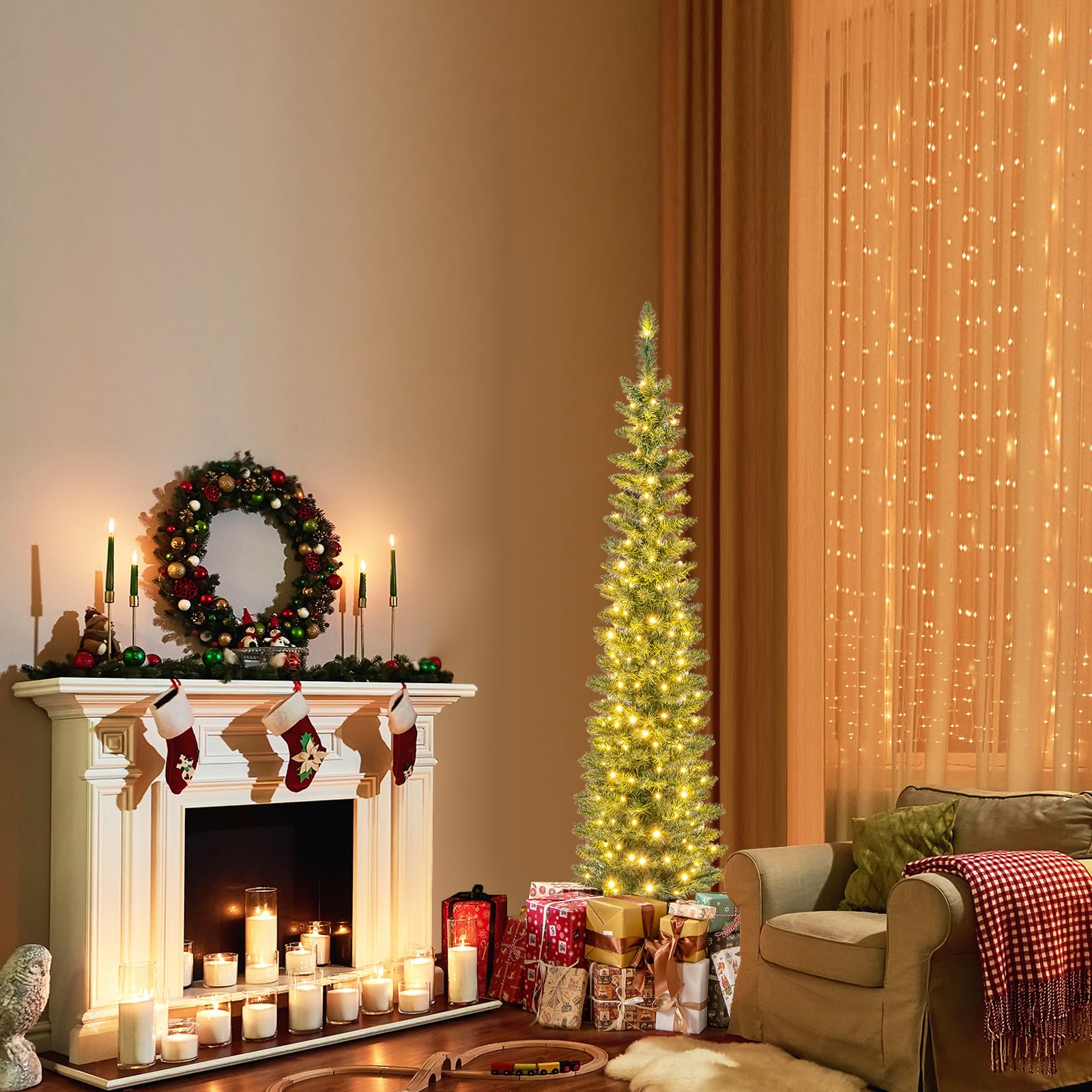 COSTWAY 150 cm Künstlicher Weihnachtsbaum mit Beleuchtung, Bleistift Tannenbaum mit 150 warmweißen LED-Lichtern, Christbaum schmal, Kunstbaum Weihnachten für Zuhause, Grün
