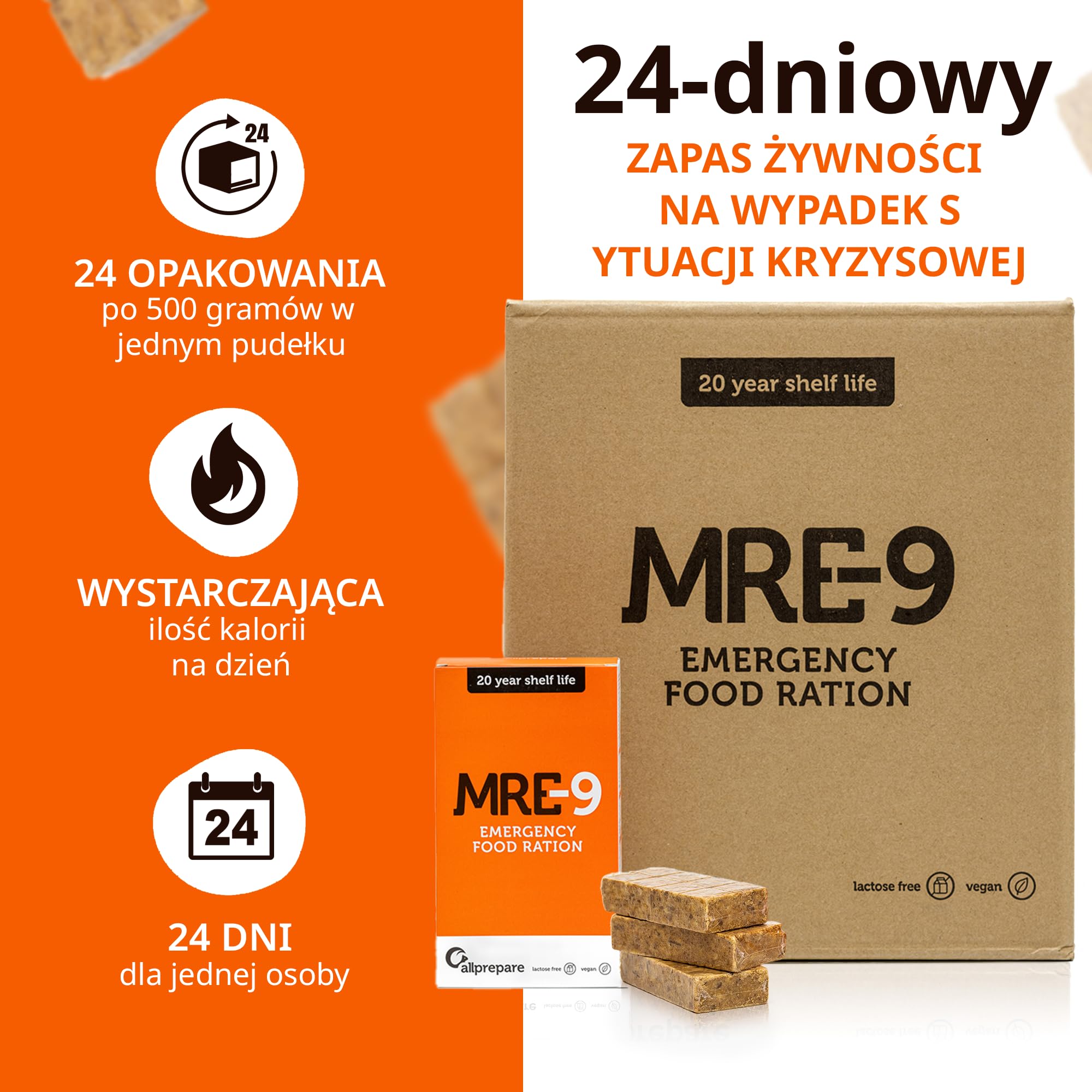 Allprepare MRE-9 | 24-dniowa racja awaryjna | 20-letni okres przydatności do spożycia | dodatkowe witaminy | 24x500g żywność awaryjna