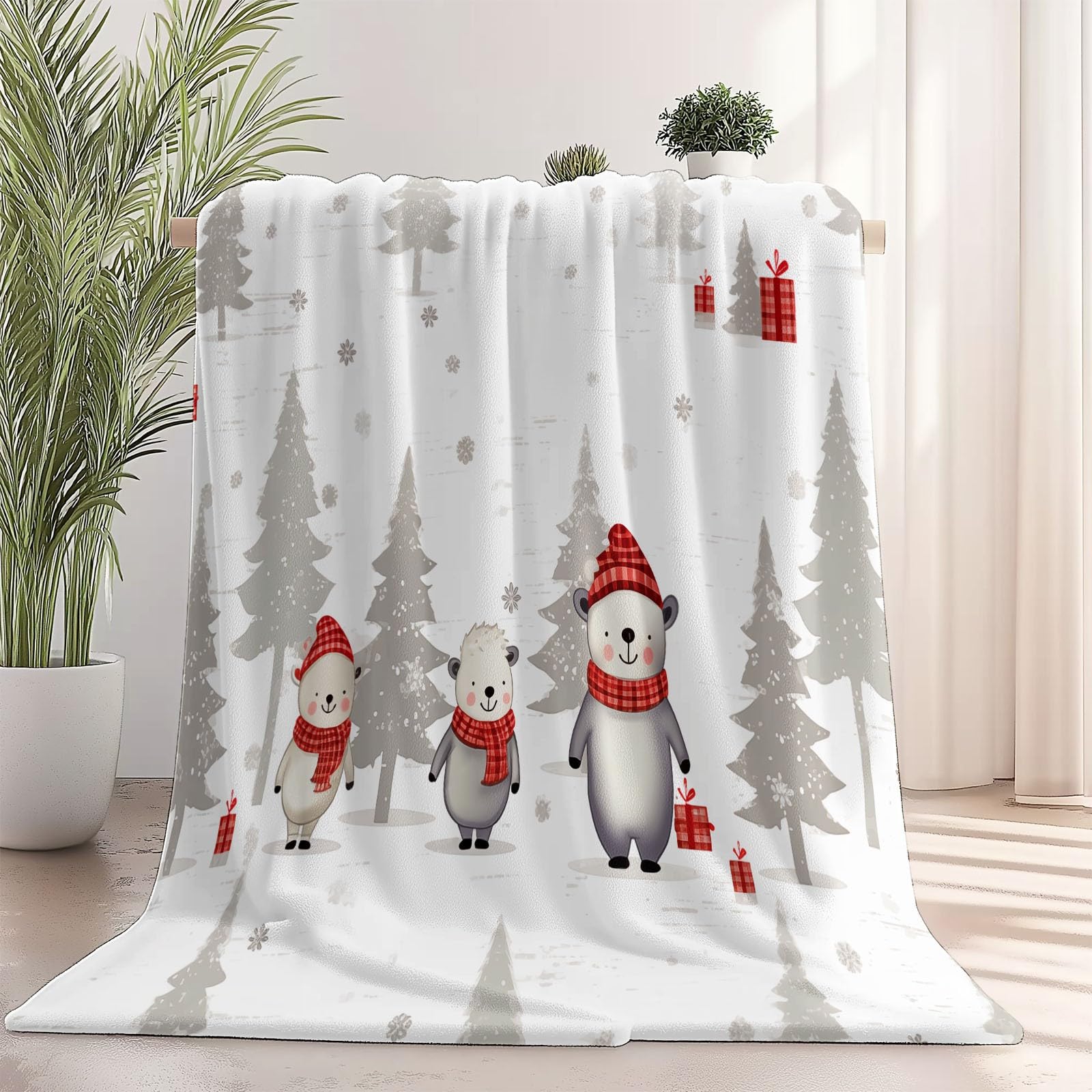 Manta Decorativa Blanco grisáceo Rojo, Estampada Elementos navideños Lindo Oso Pino, Suave y acogedora Manta de Franela para Cama sofá sillón y Silla, Adecuada para Todas Las Estaciones, 150×200 cm