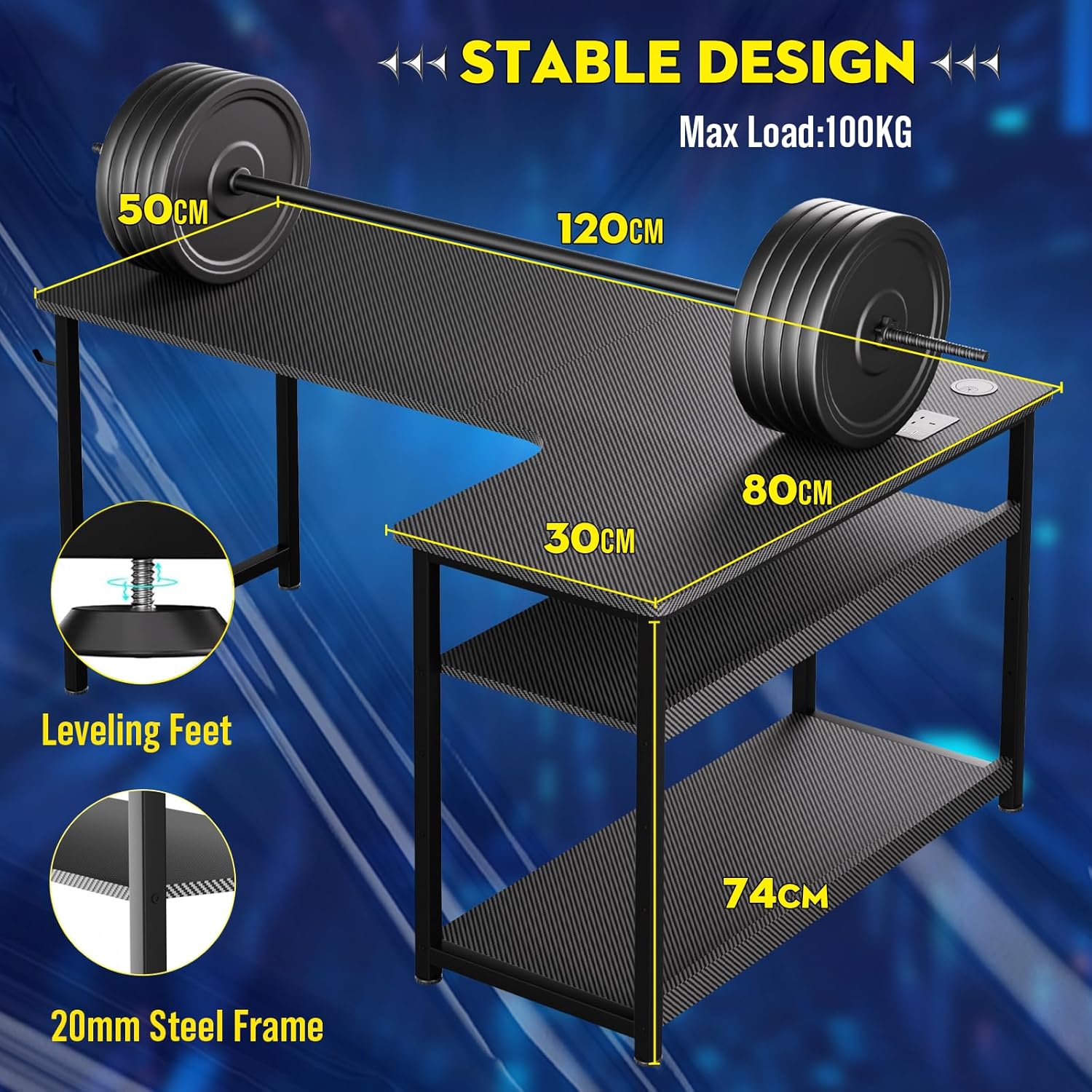 Diagram showing dimensions of the L-shaped desk and maximum load capacity