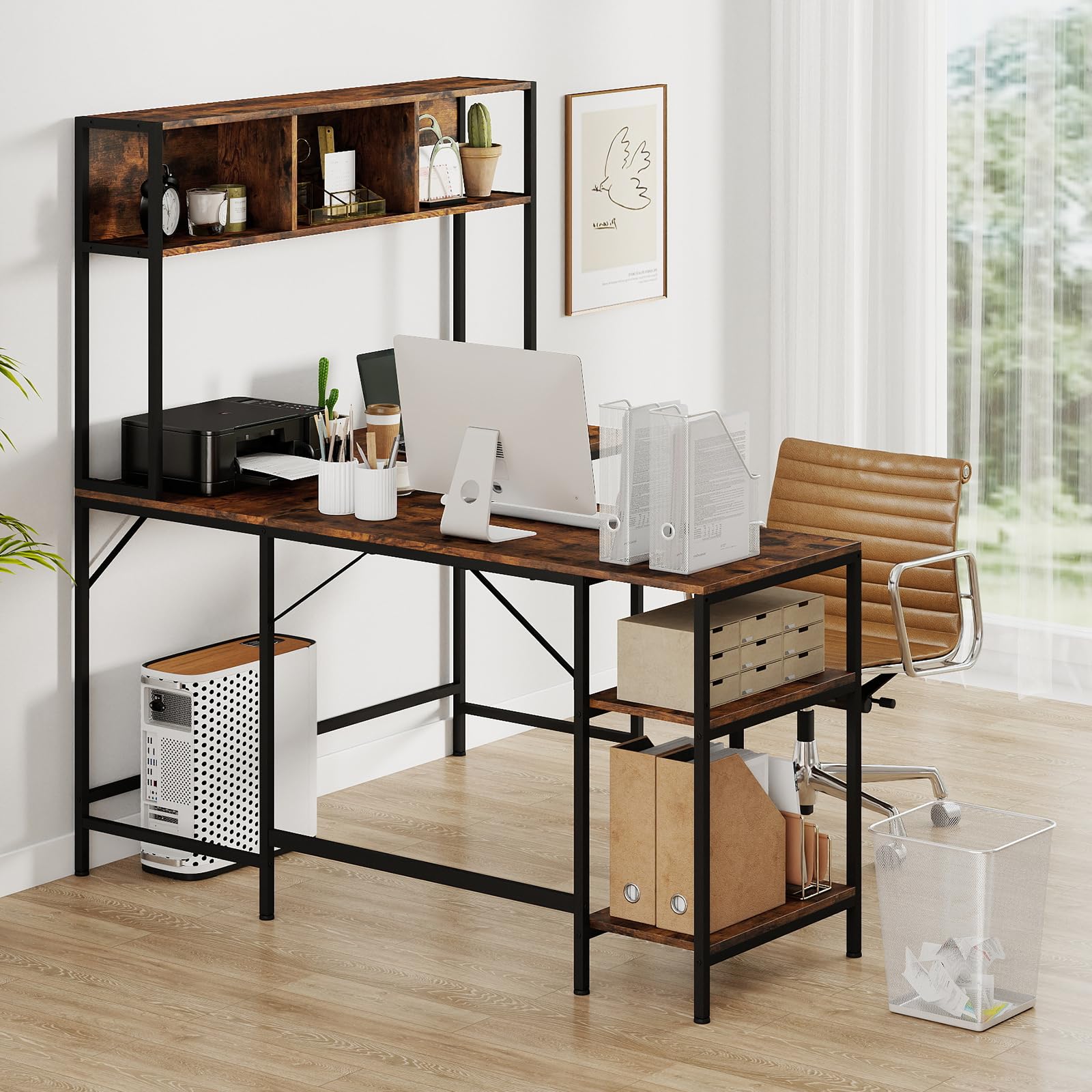 COSTWAY Scrivania a Forma di L con Libreria, Ripiani e Gancio per Cuffie, Scrivania Angolare in Legno con Robusto Telaio in Metallo, Scrittoio per Computer per Soggiorno, Studio e Ufficio (Marrone)
