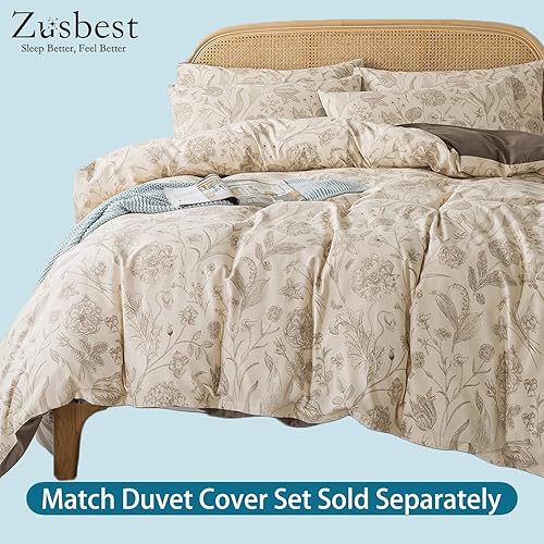 Miniatura 6 de Zusbest Juego de sábanas de tamaño King de 100 % algodón percal, color beige floral, cepillado extra suave, sábanas de franela de lujo transpirable