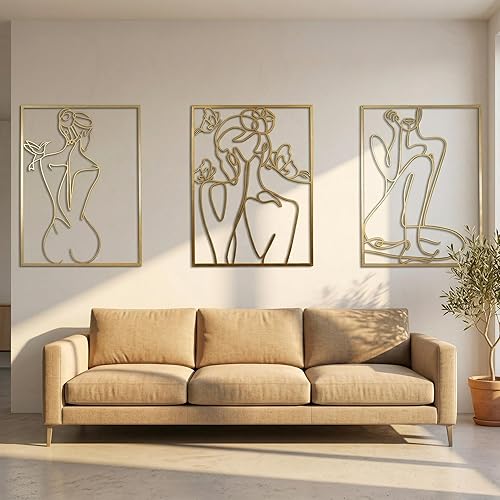 Arte de pared de metal dorado XL, 18 x 24 pulgadas, decoración de 3 piezas para sala de estar, arte enmarcado femenino, extra grueso con tornillos