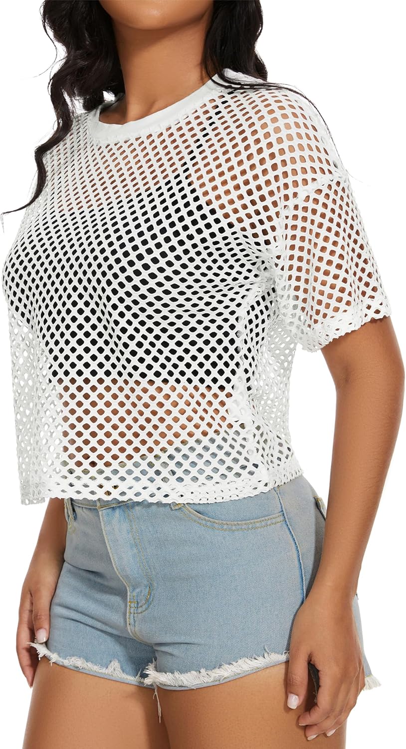 Women's Mesh Fishnet Top See Through Cover Up Short Sleeves T Shirts Sheer Blouse - Image 2